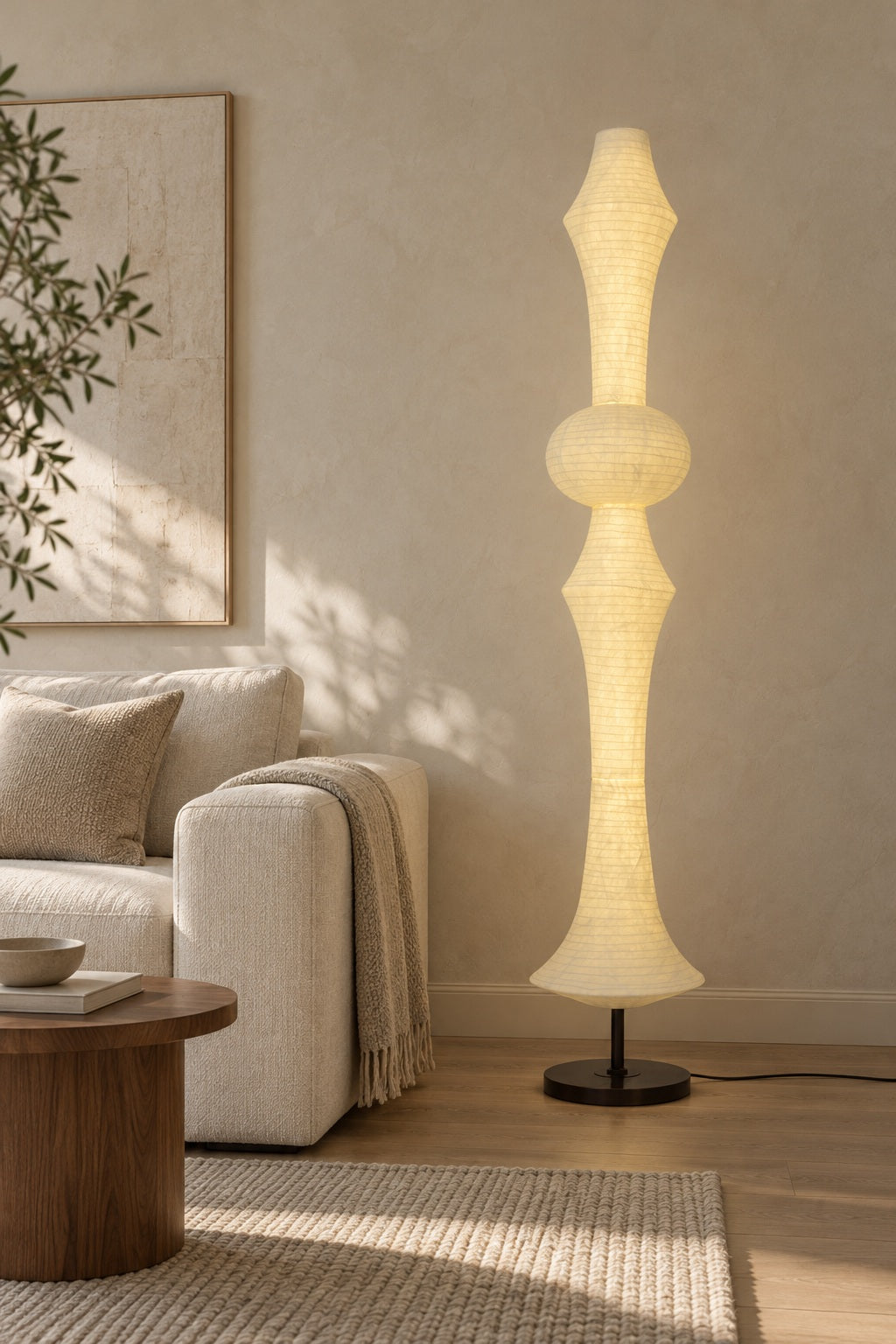 ARDEN LUME Orlithane silk floor lamp, Design A, switched on; daylight interior scene.