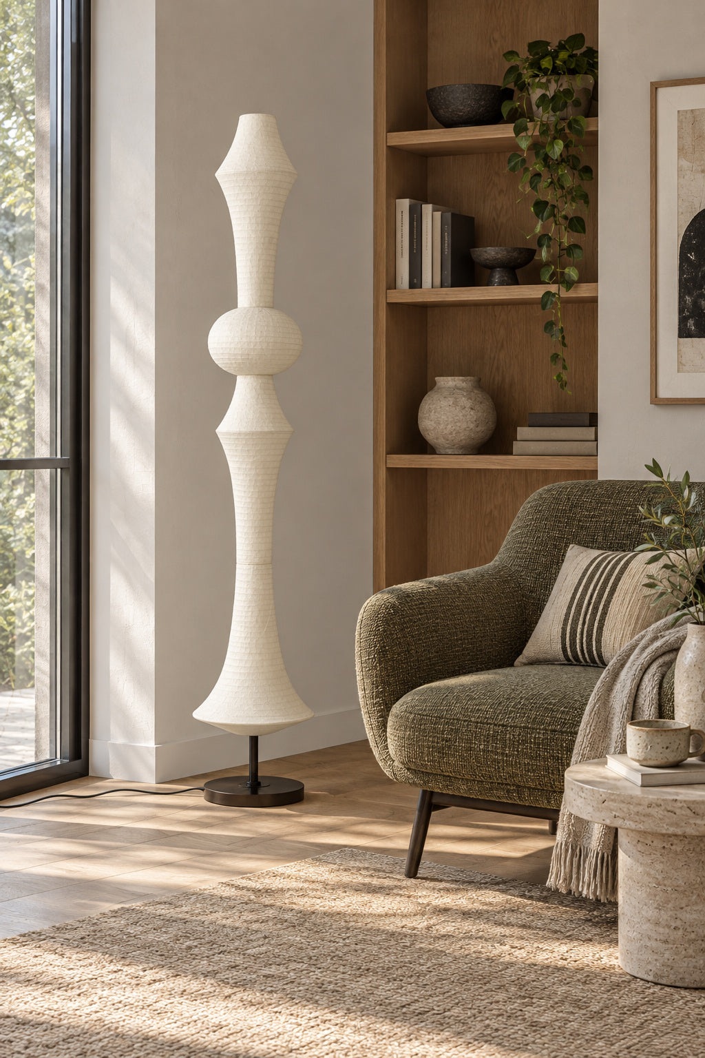 ARDEN LUME Orlithane silk floor lamp, Design A, switched off; daylight interior scene.