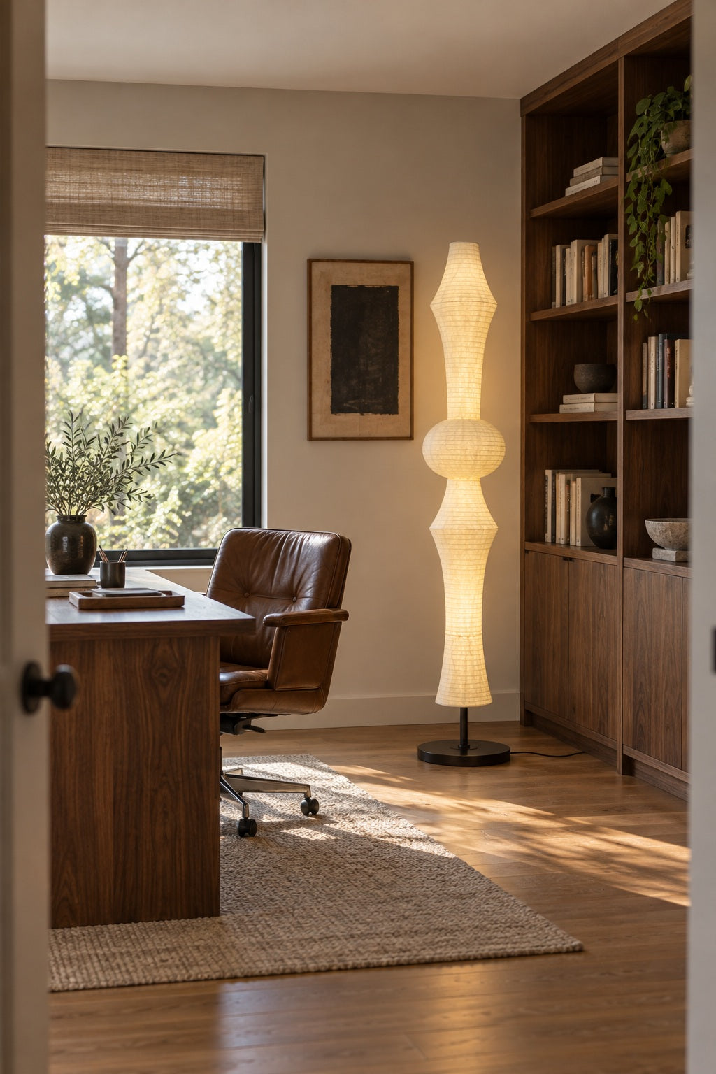 ARDEN LUME Orlithane silk floor lamp, Design B, switched on; daylight interior scene.