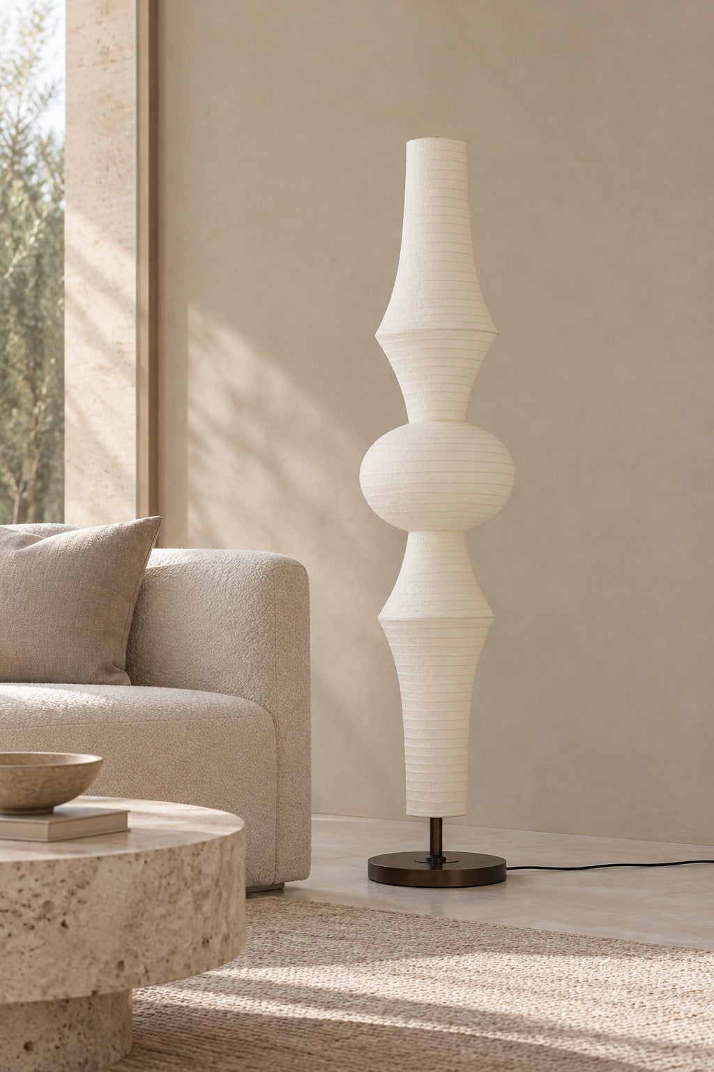ARDEN LUME Orlithane silk floor lamp, Design B, switched off; daylight interior scene.