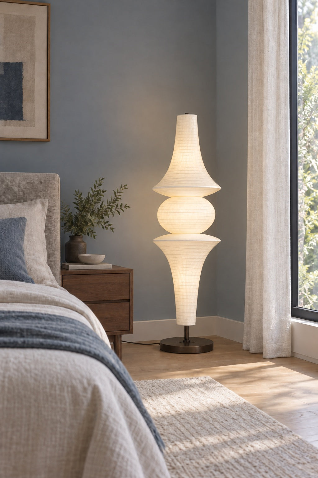 ARDEN LUME Orlithane silk floor lamp, Design C, switched on; daylight interior scene.