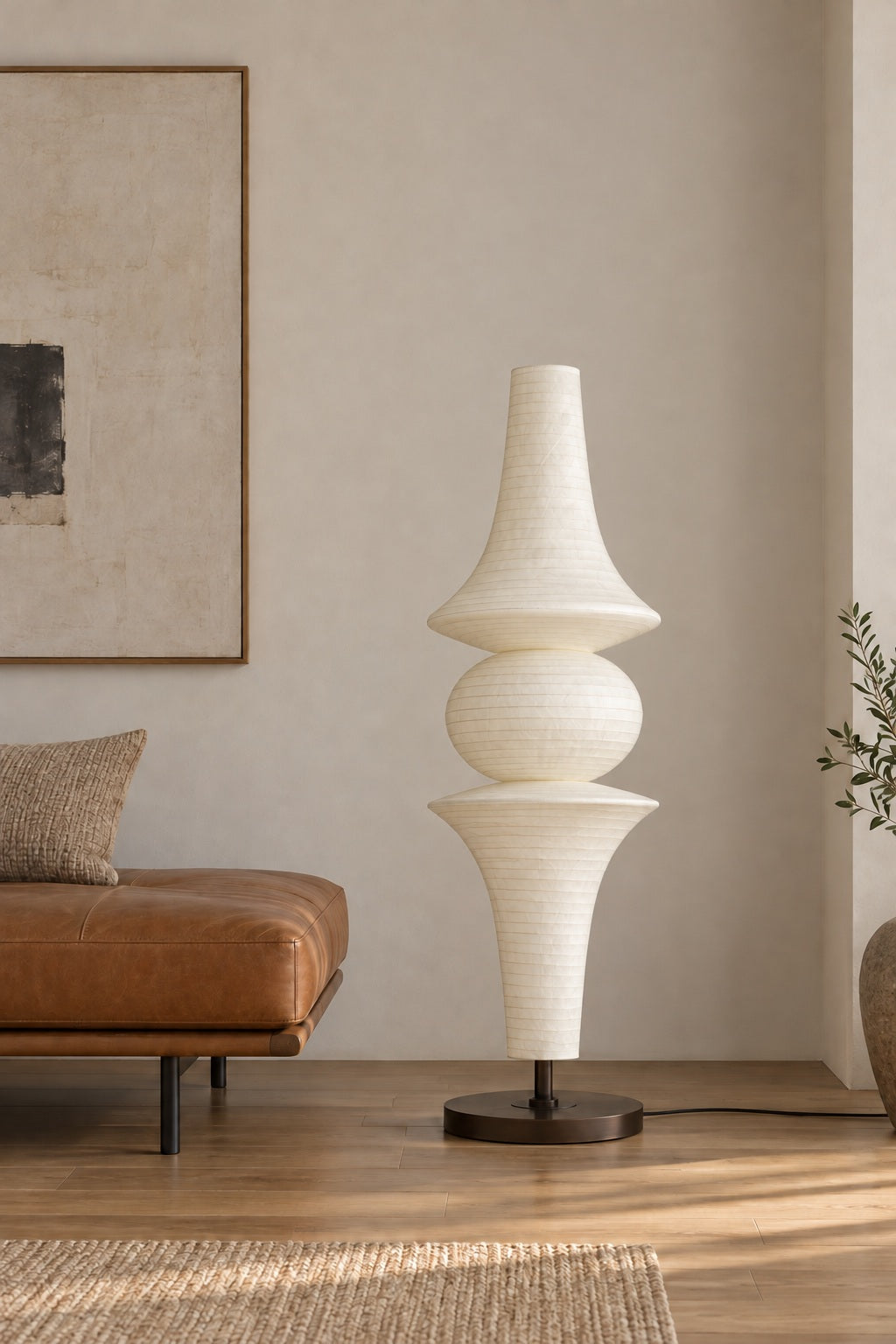 ARDEN LUME Orlithane mulberry silk floor lamp, Design C, switched off, interior lifestyle scene.