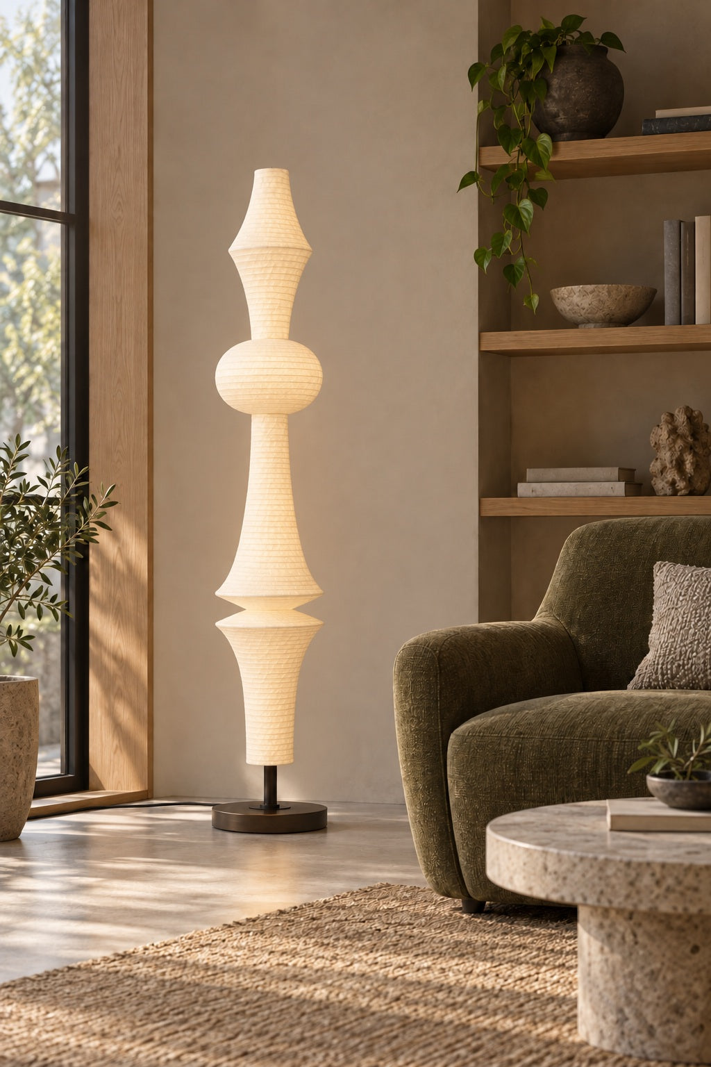 ARDEN LUME Orlithane mulberry silk floor lamp, Design D, switched on, interior lifestyle scene.