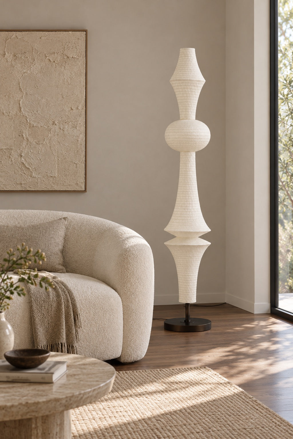 ARDEN LUME Orlithane mulberry silk floor lamp, Design D, switched off, interior lifestyle scene.