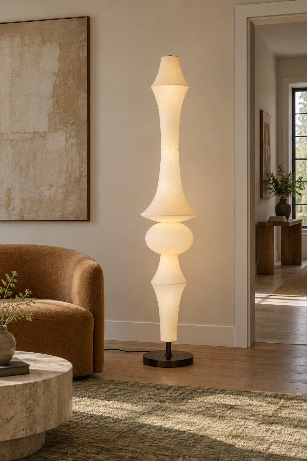 ARDEN LUME Orlithane mulberry silk floor lamp, Design E, switched on, interior lifestyle scene.