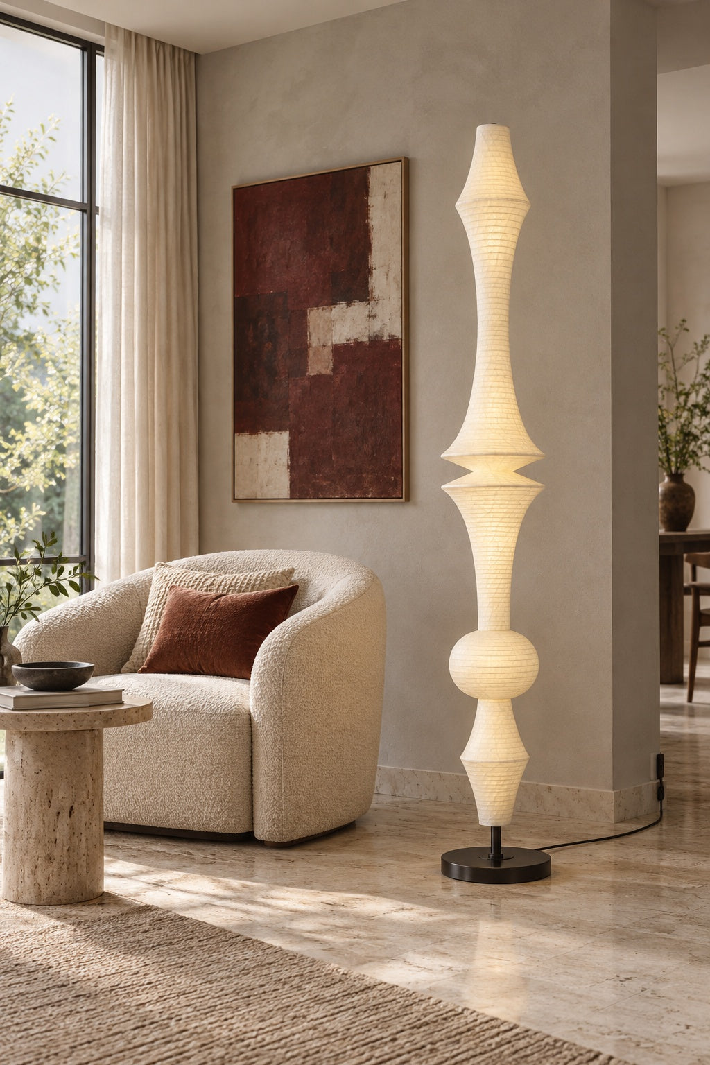 ARDEN LUME Orlithane mulberry silk floor lamp, Design F, switched on, interior lifestyle scene.