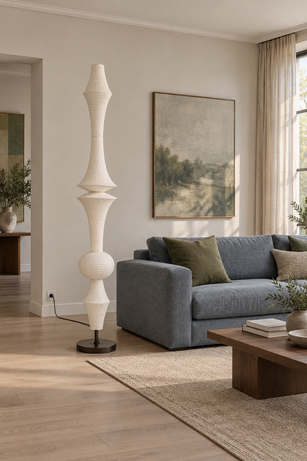 ARDEN LUME Orlithane mulberry silk floor lamp, Design F, switched off, interior lifestyle scene.
