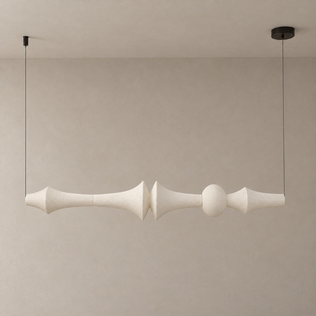 ARDEN LUME Orlithane horizontal pendant, Design F, dual end suspension, switched off, white silk, minimal warm beige-gray hero