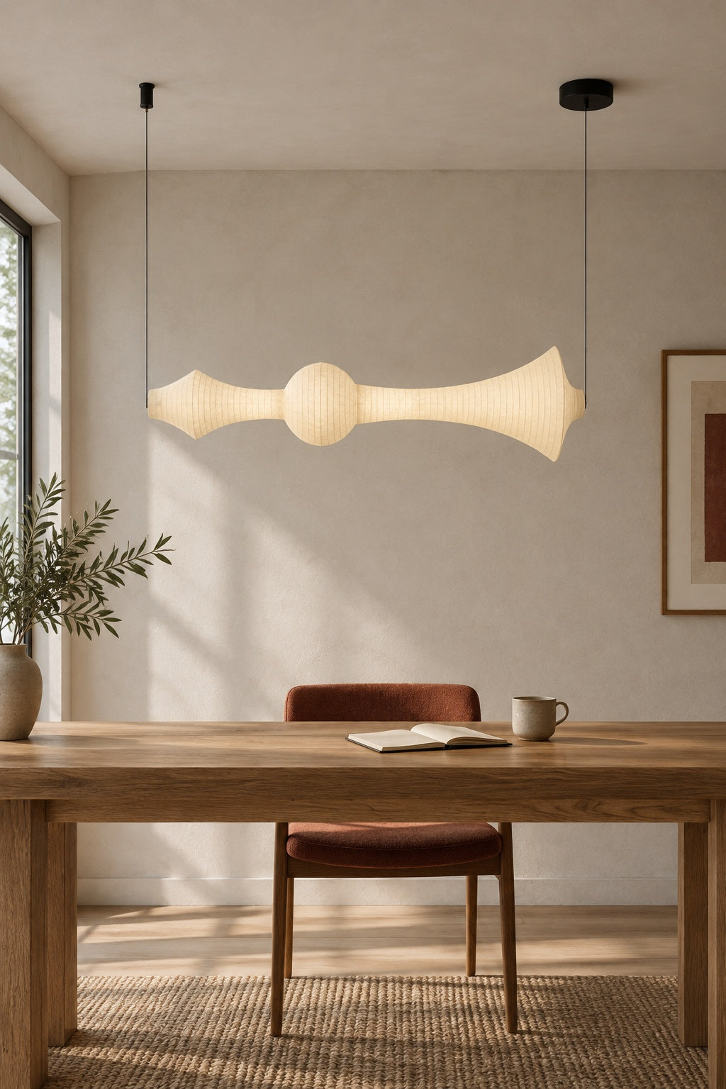 ARDEN LUME Orlithane horizontal pendant, Design A, dual end suspension, switched on, warm light, daylight interior scene