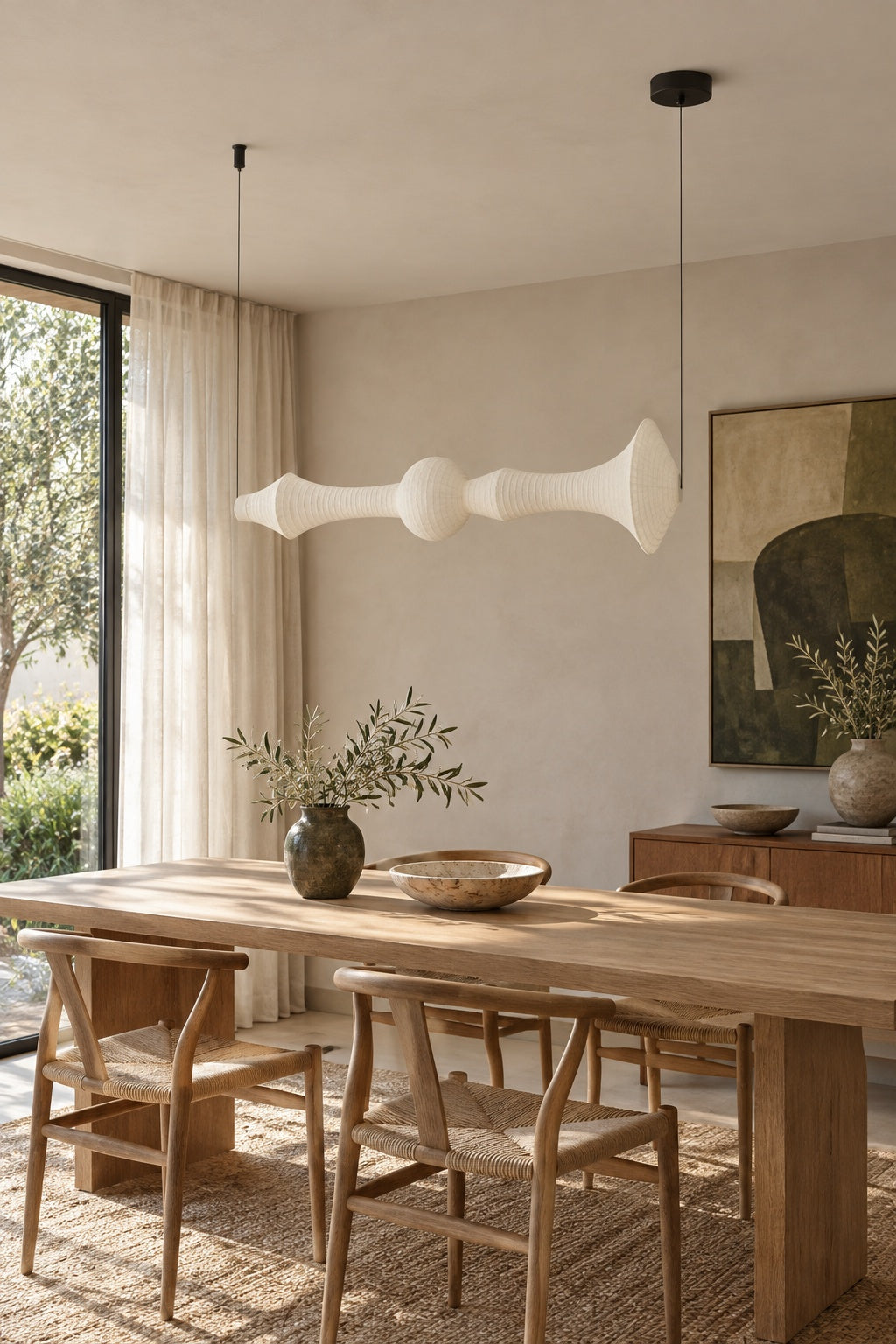 ARDEN LUME Orlithane horizontal pendant, Design A, dual end suspension, switched off, white silk, daylight interior scene