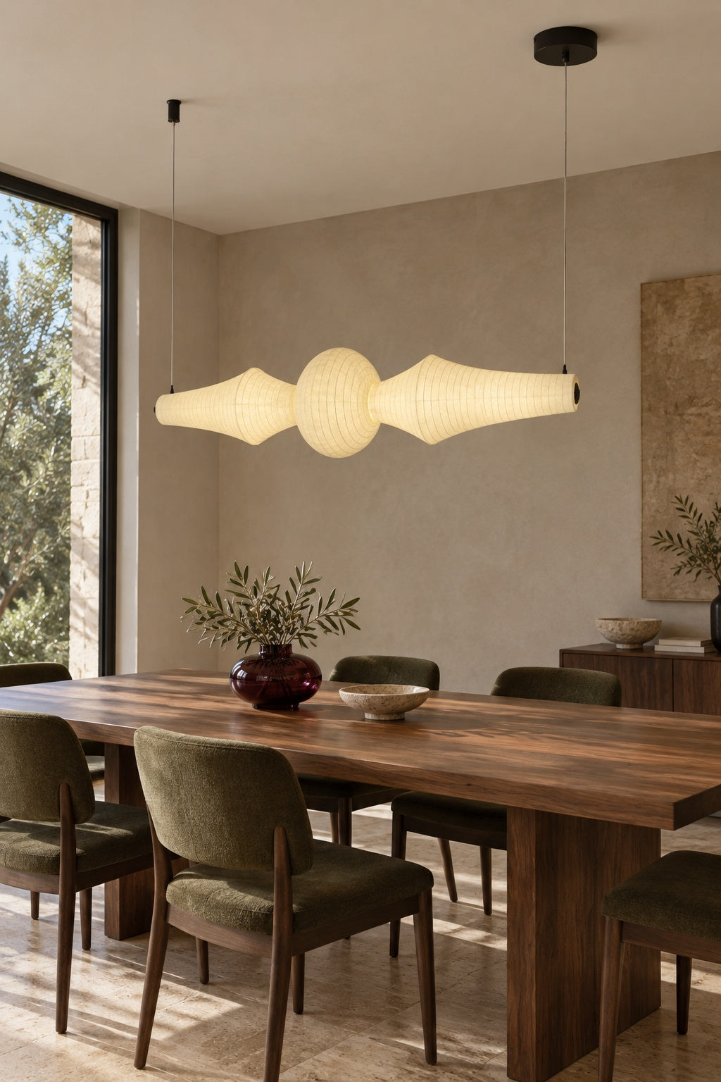 ARDEN LUME Orlithane horizontal pendant, Design B, dual end suspension, switched on, warm light, daylight interior scene
