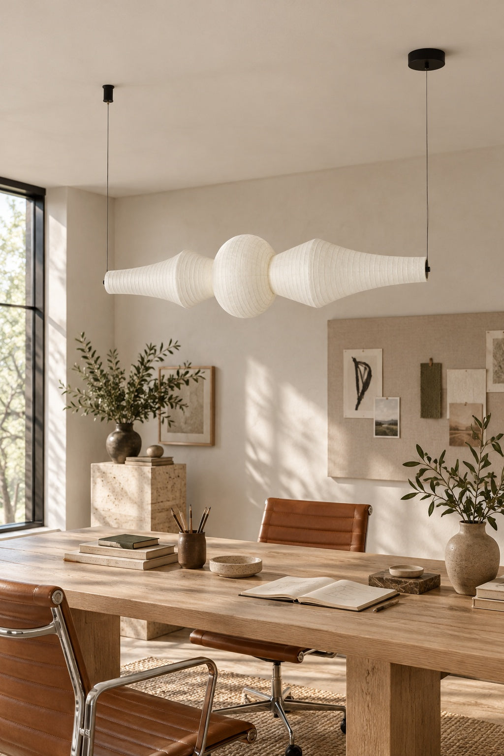 ARDEN LUME Orlithane horizontal pendant, Design B, dual end suspension, switched off, white silk, daylight interior scene