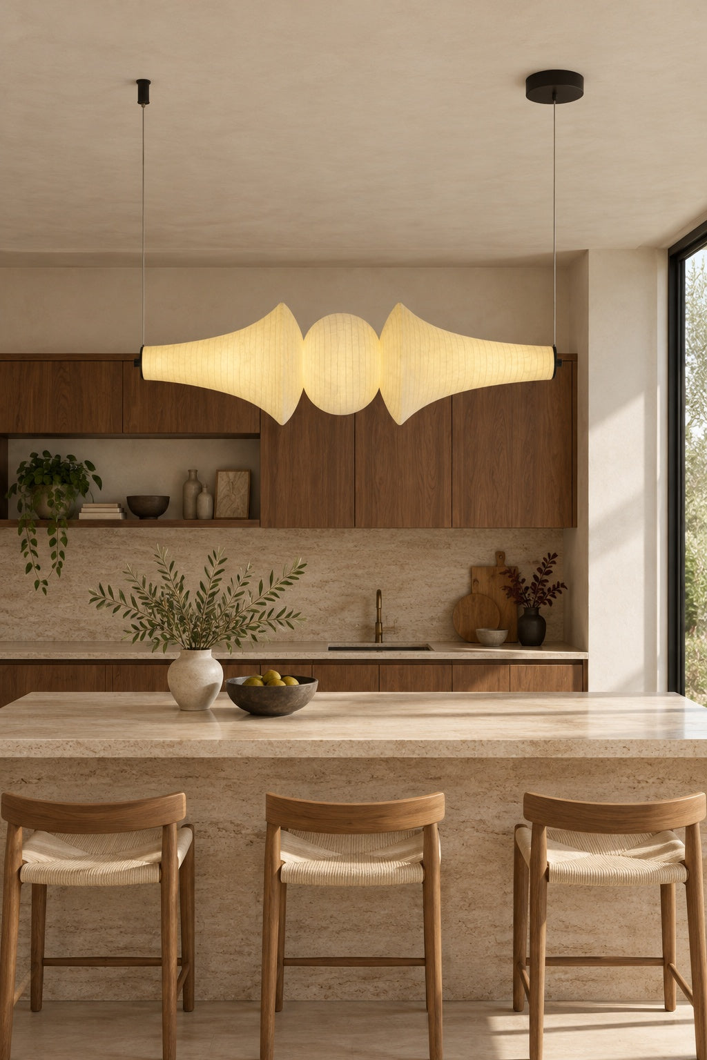 ARDEN LUME Orlithane horizontal pendant, Design C, dual end suspension, switched on, warm light, daylight interior scene