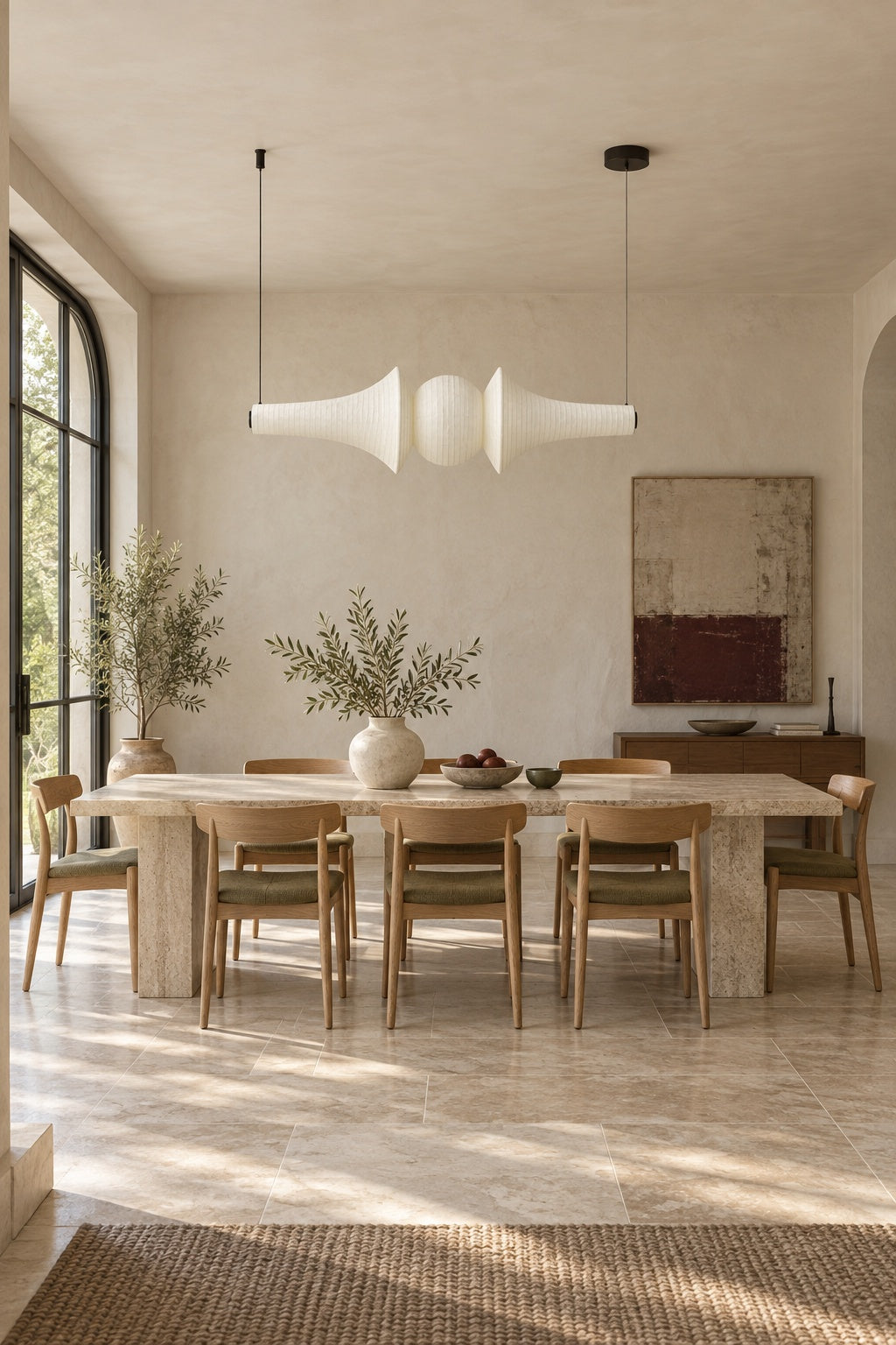 ARDEN LUME Orlithane horizontal pendant, Design C, dual end suspension, switched off, white silk, daylight interior scene
