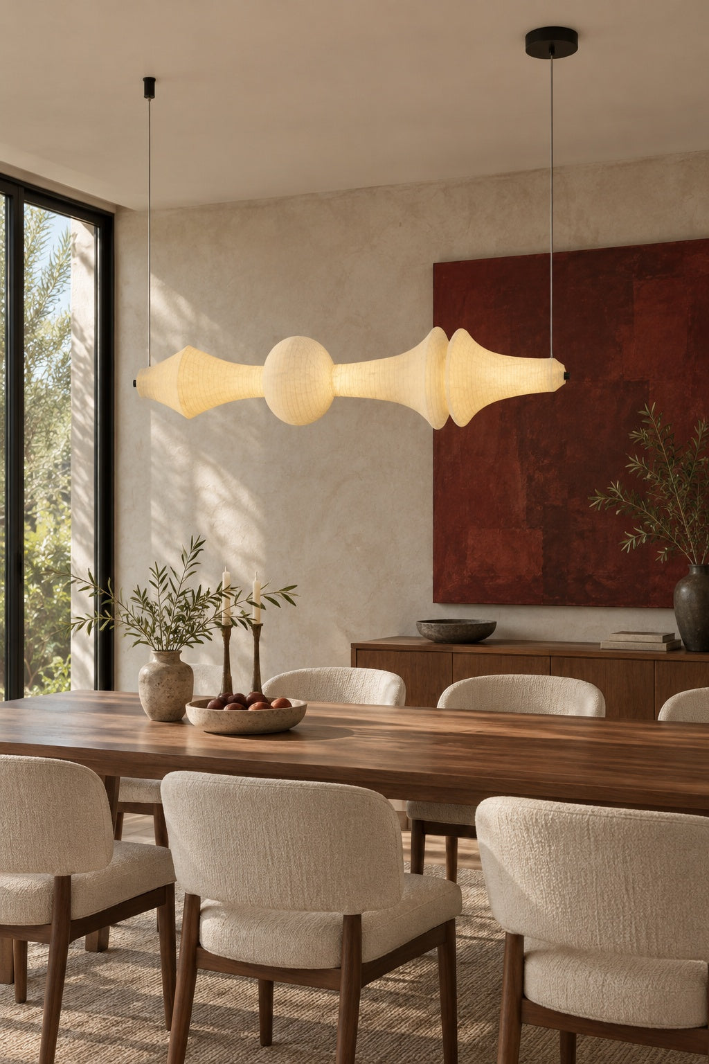 ARDEN LUME Orlithane horizontal pendant, Design D, dual end suspension, switched on, warm light, daylight interior scene