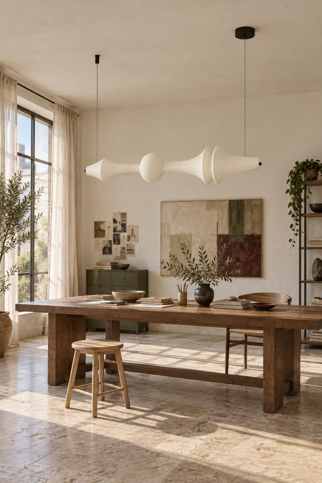 ARDEN LUME Orlithane horizontal pendant, Design D, dual end suspension, switched off, white silk, daylight interior scene