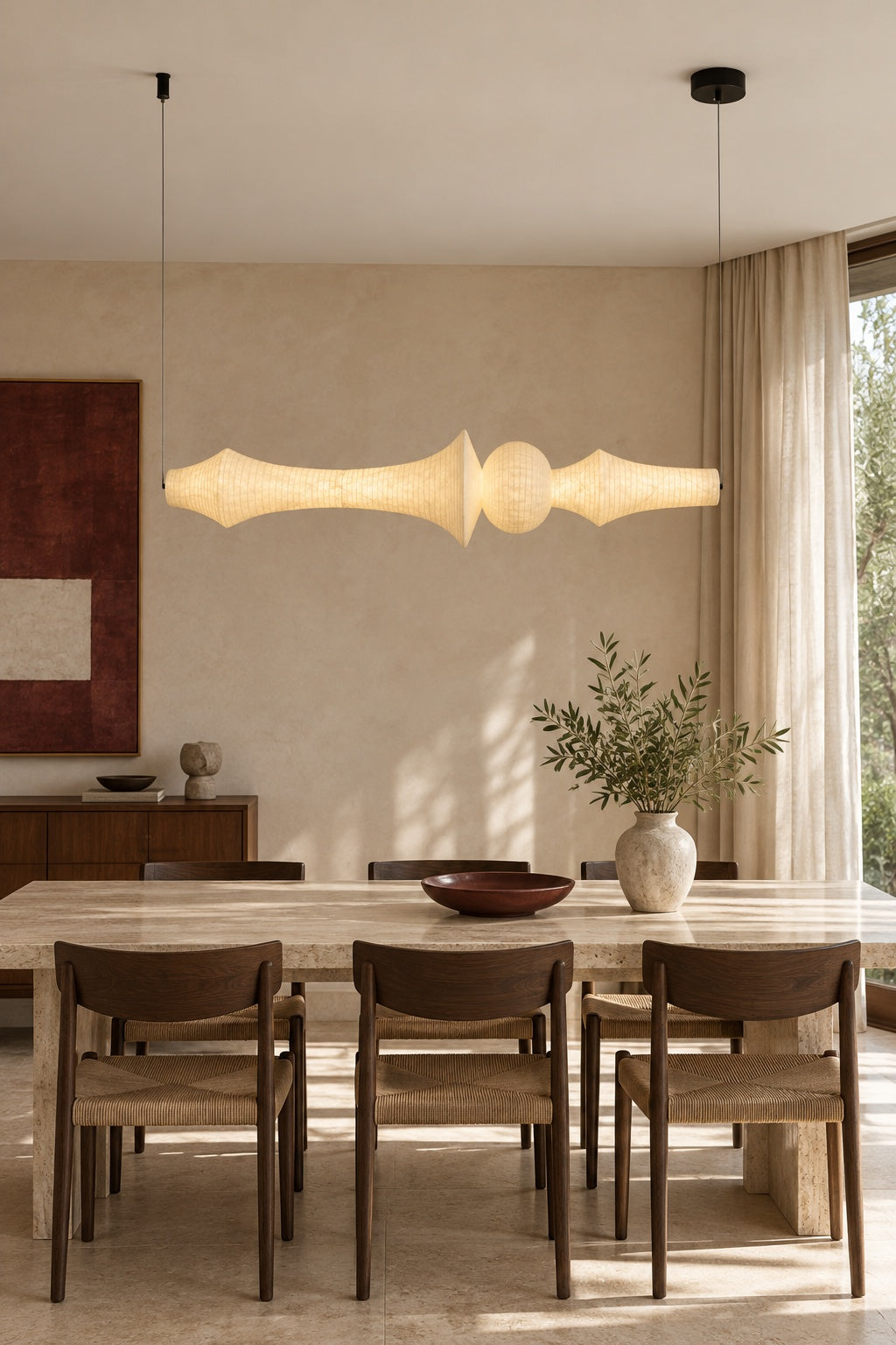 ARDEN LUME Orlithane horizontal pendant, Design E, dual end suspension, switched on, warm light, daylight interior scene