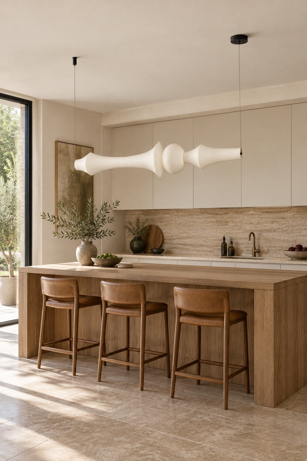 ARDEN LUME Orlithane horizontal pendant, Design E, dual end suspension, switched off, white silk, daylight interior scene
