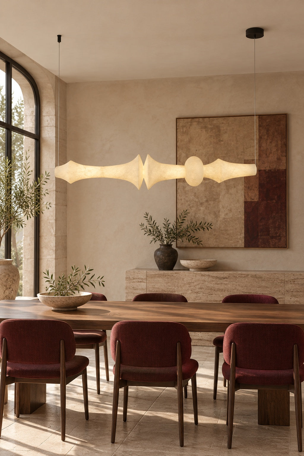ARDEN LUME Orlithane horizontal pendant, Design F, dual end suspension, switched on, warm light, daylight interior scene