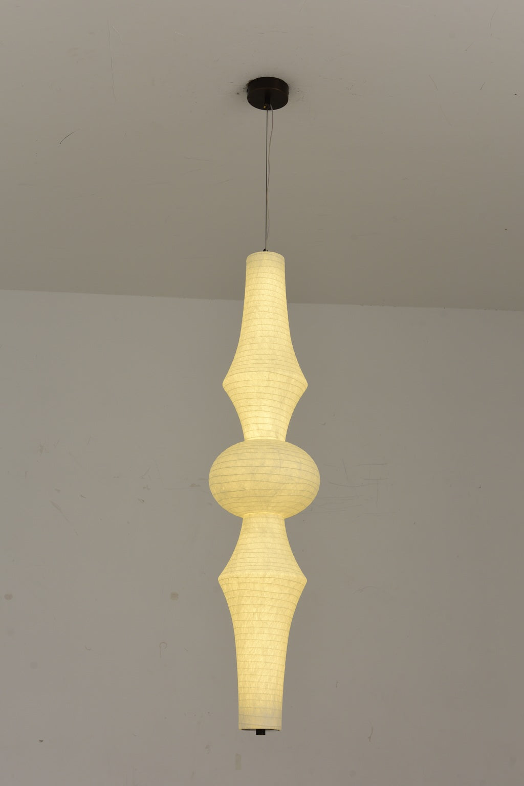 Orlithane design B sculptural mulberry silk pendant light, actual product photograph, light on