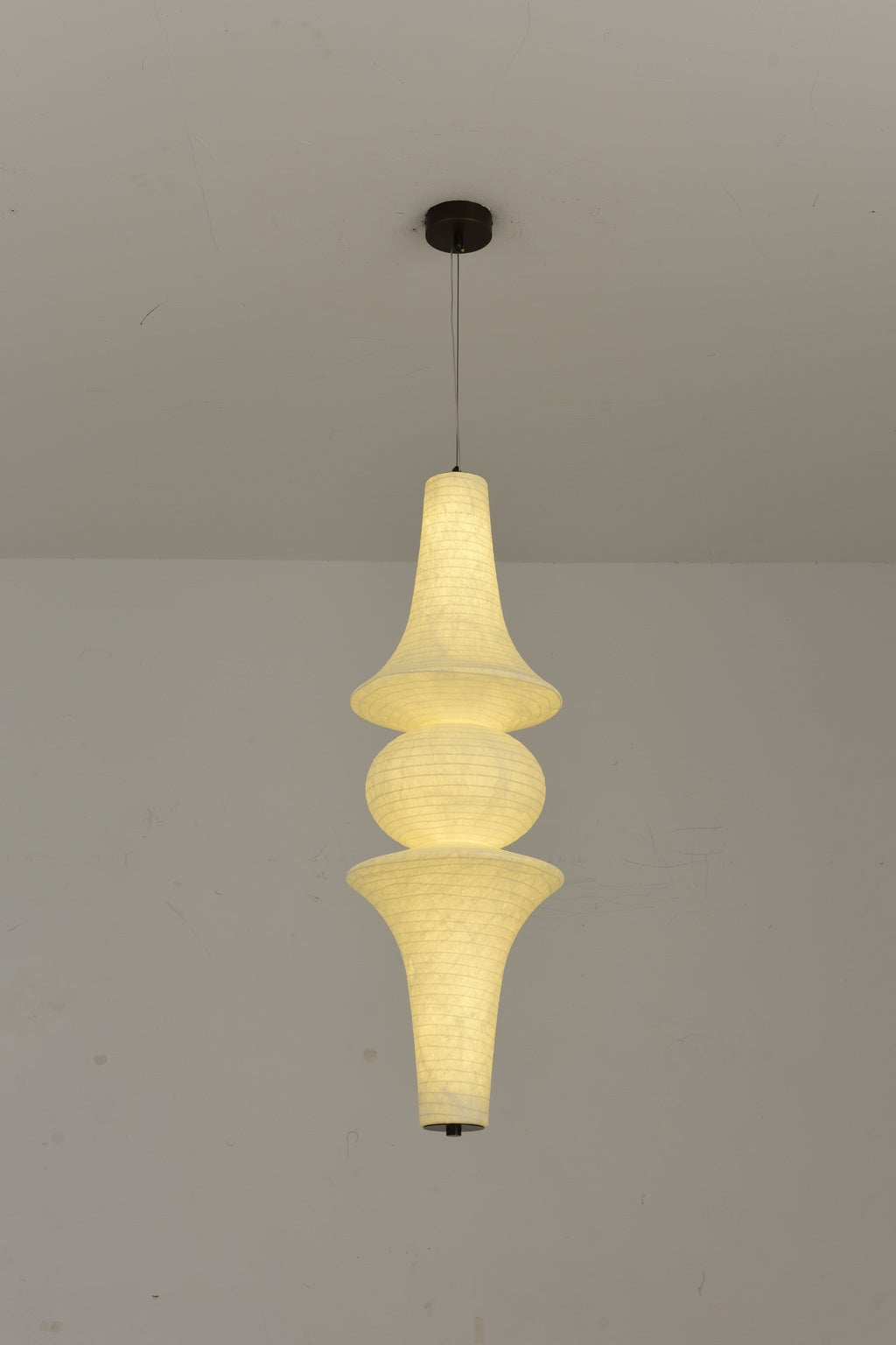 Orlithane design C sculptural mulberry silk pendant light, actual product photograph, light on