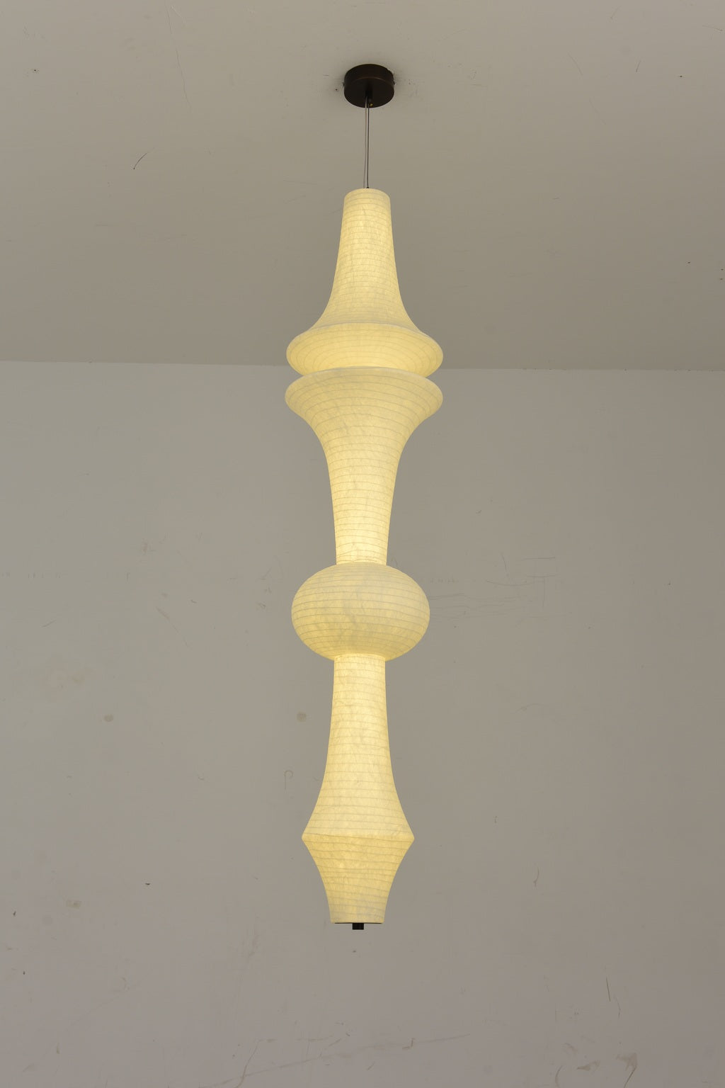 Orlithane design D sculptural mulberry silk pendant light, actual product photograph, light on