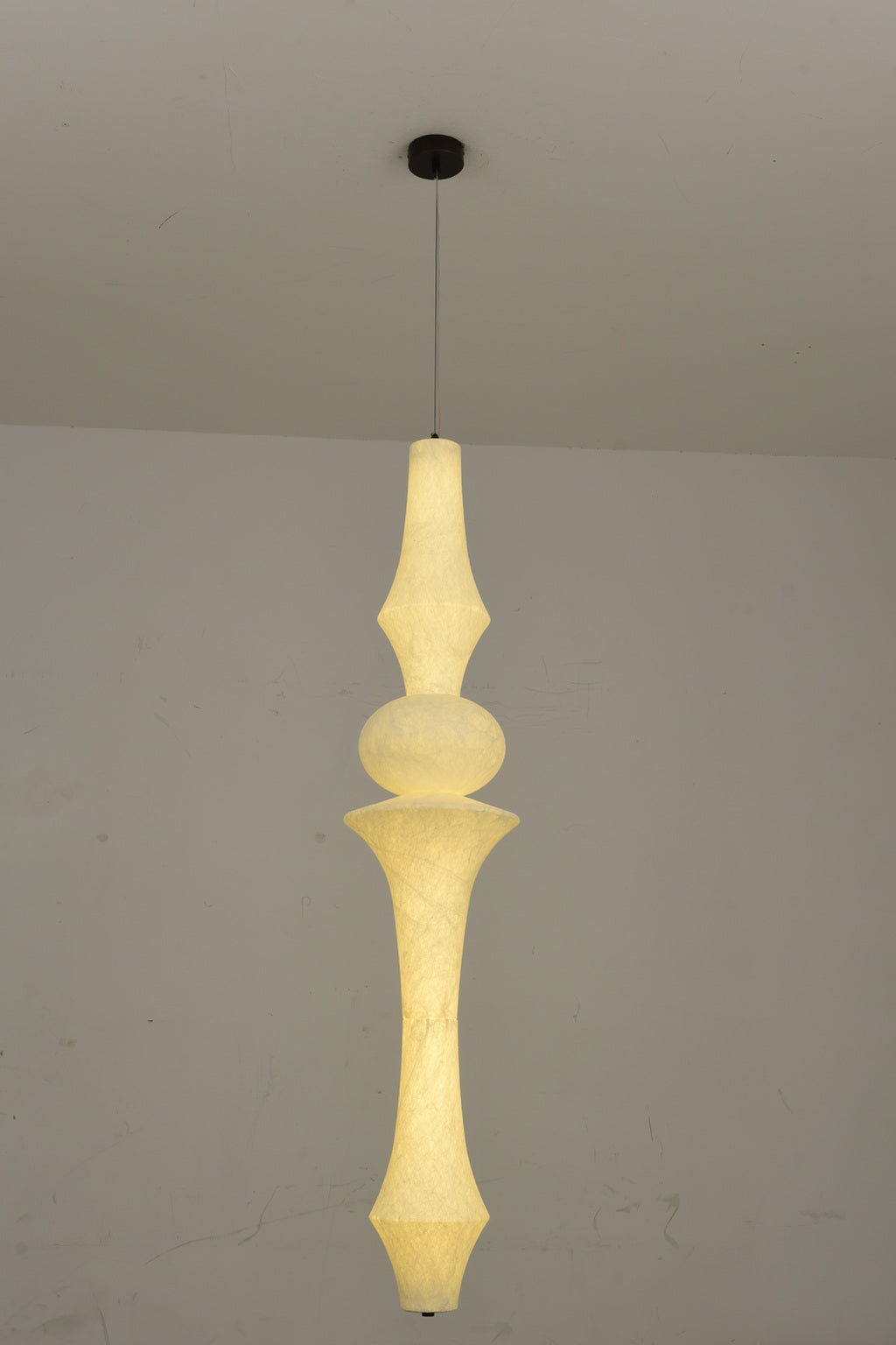 Orlithane design E sculptural mulberry silk pendant light, actual product photograph, light on