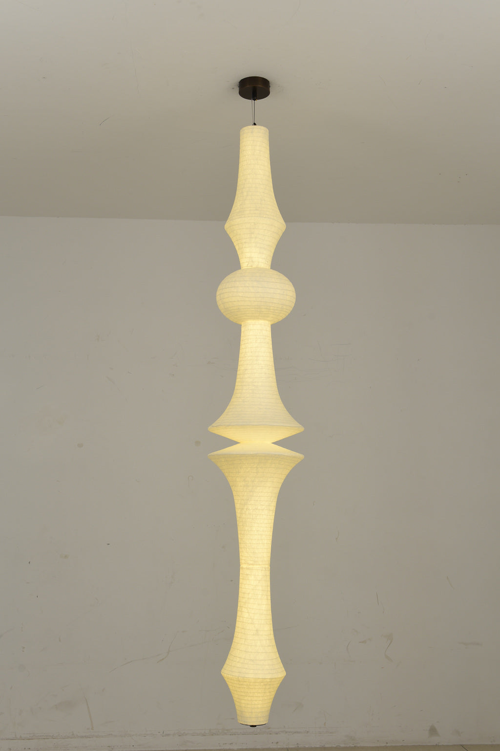 Orlithane design F sculptural mulberry silk pendant light, actual product photograph, light on