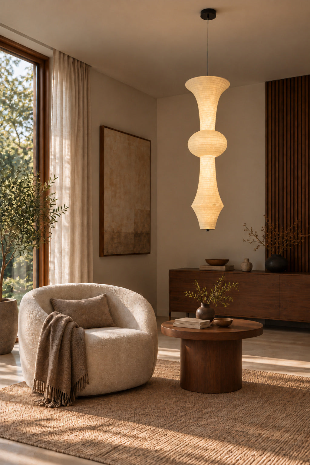 Orlithane mulberry silk pendant design A, lit above a reading corner side table