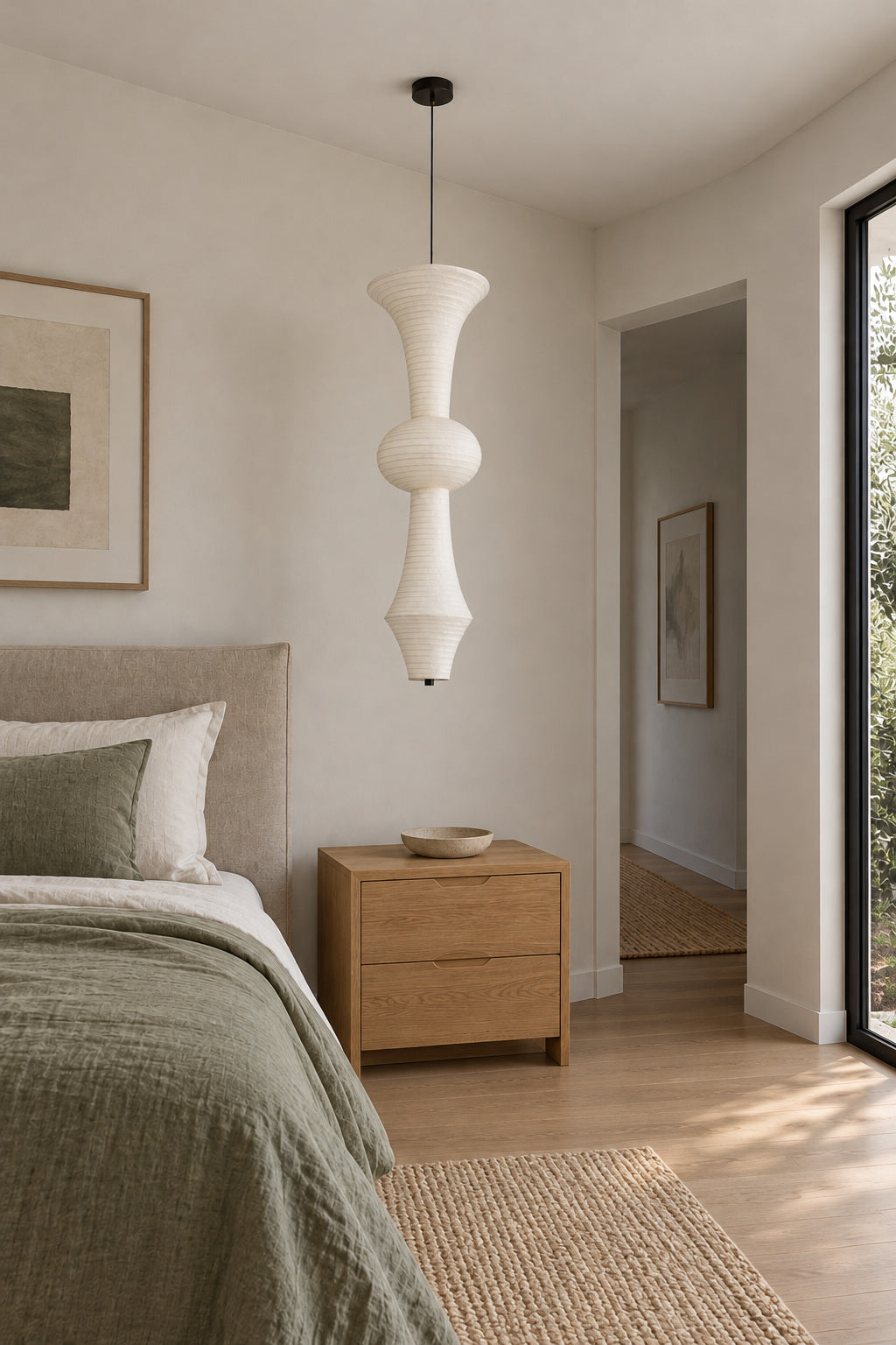 Orlithane mulberry silk pendant design A, unlit above a bedside table