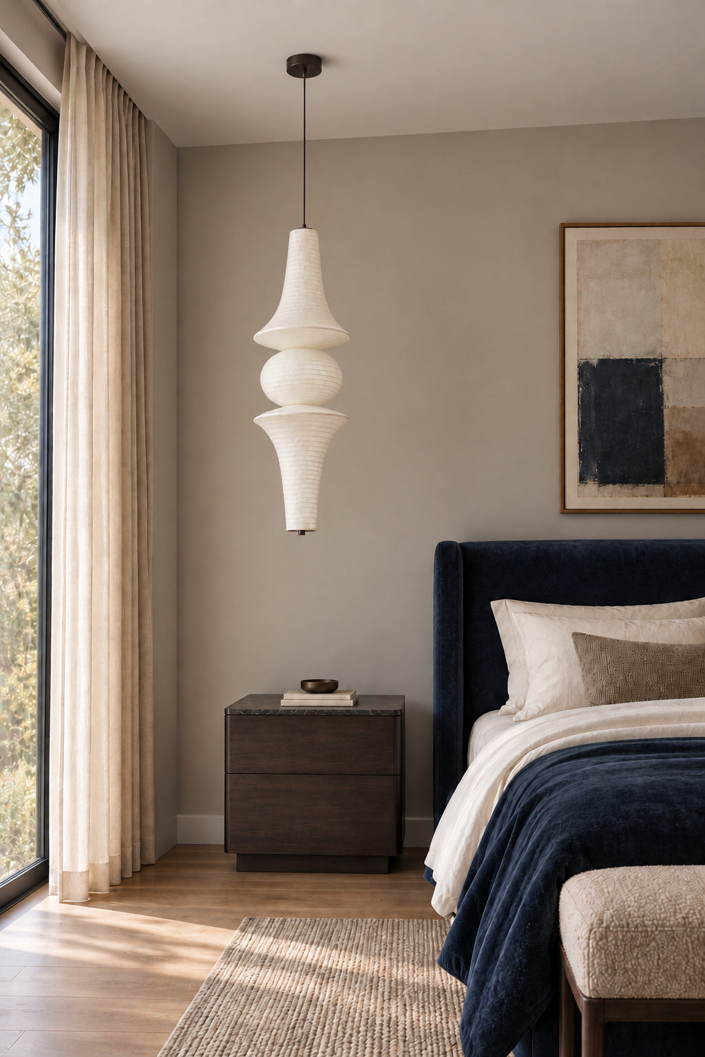 Orlithane mulberry silk pendant design C, unlit above a bedside table in a blue-accent bedroom