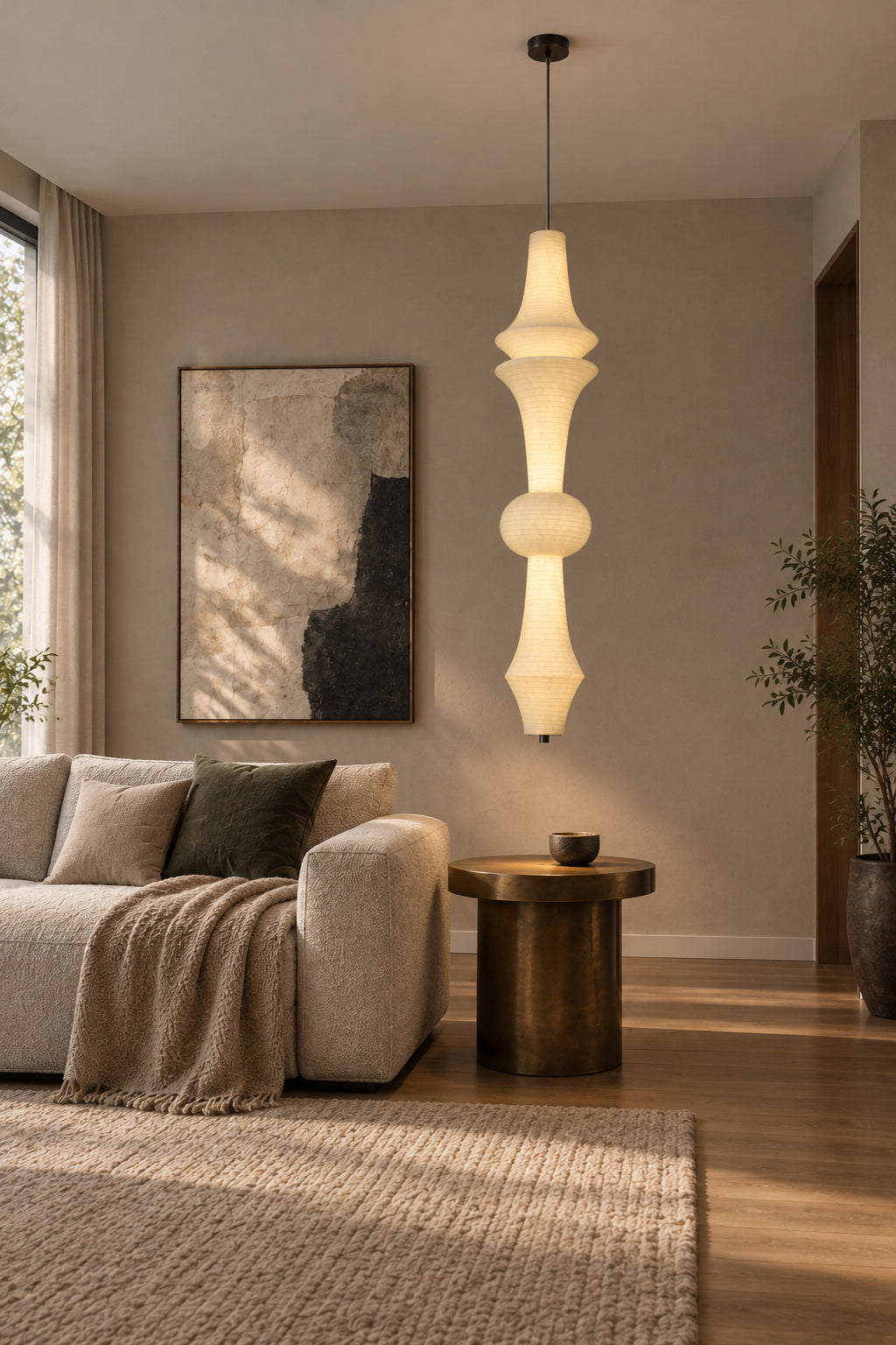 Orlithane mulberry silk pendant design D, lit above a wood side table beside a sofa
