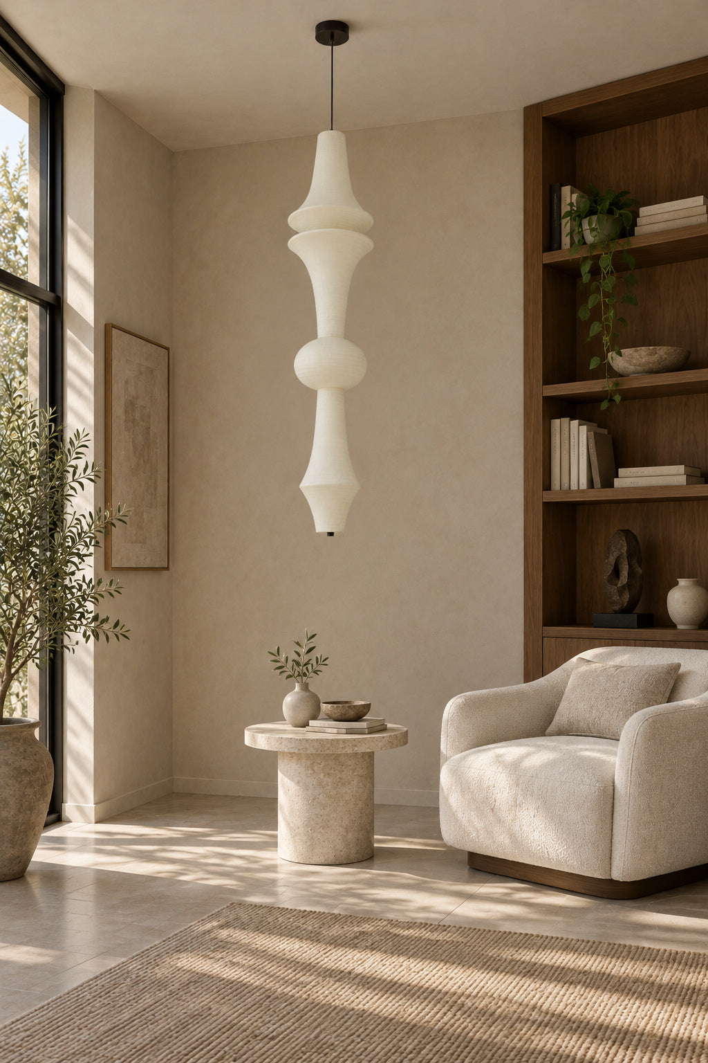 Orlithane mulberry silk pendant design D, unlit above a side table in a neutral lounge