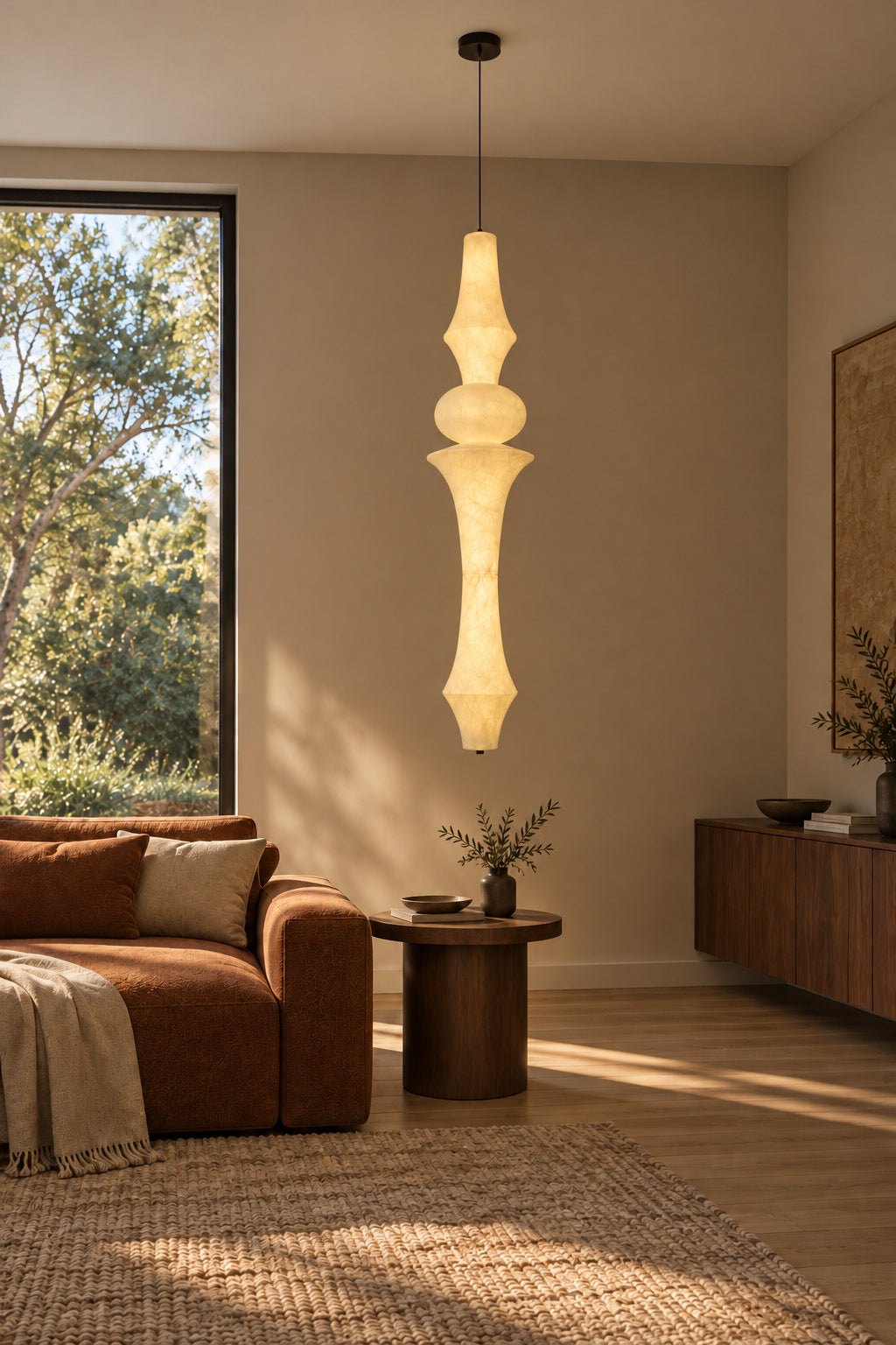 Orlithane mulberry silk pendant design E, lit over a wood side table next to a sofa