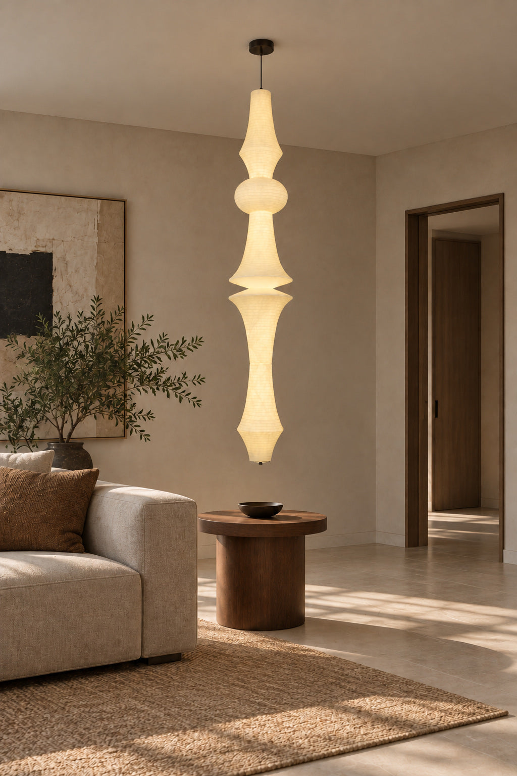 Orlithane mulberry silk pendant design F, lit over a side table beside a sofa