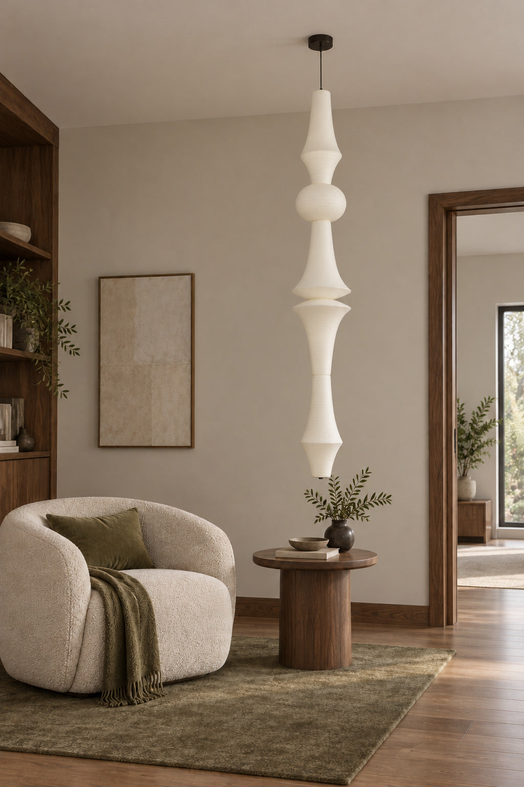 Orlithane mulberry silk pendant design F, unlit above a wood side table beside an armchair