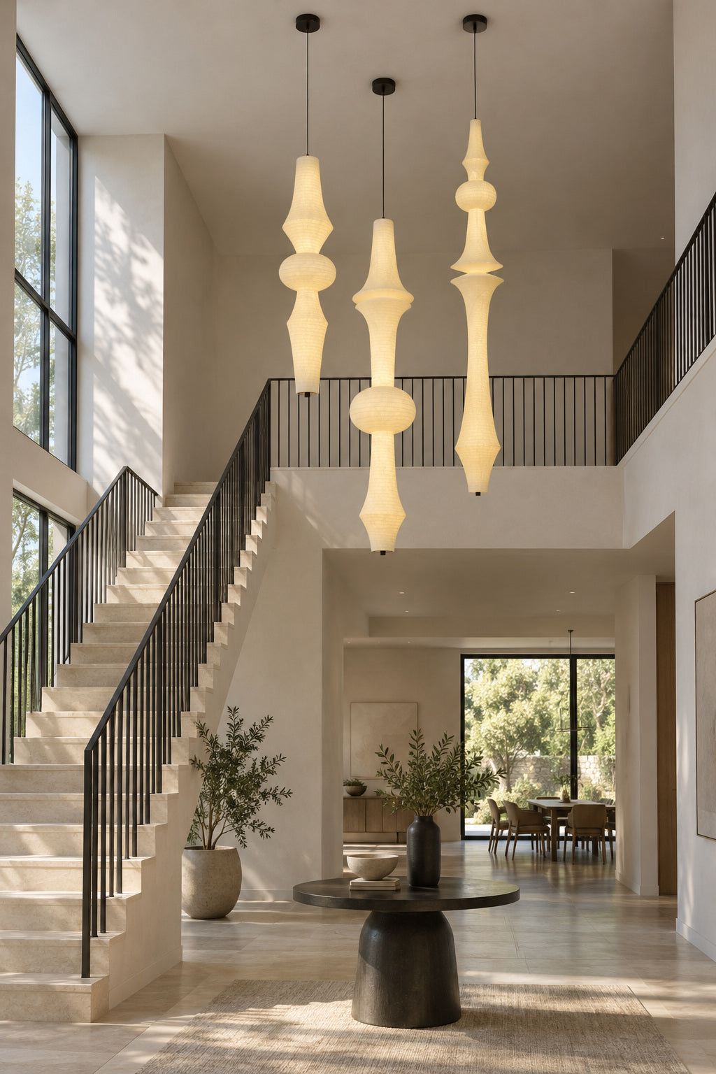 Orlithane mulberry silk pendant designs B, D, F, lit in a tall stone staircase interior