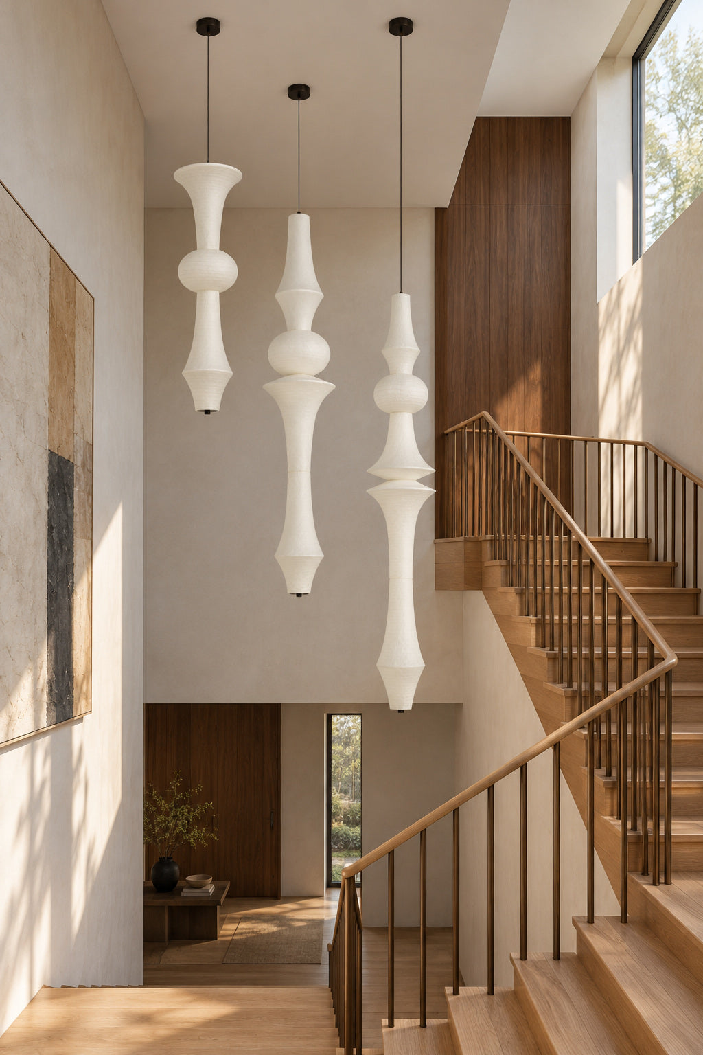 Orlithane mulberry silk pendant designs A, E, F, unlit beside a wood staircase