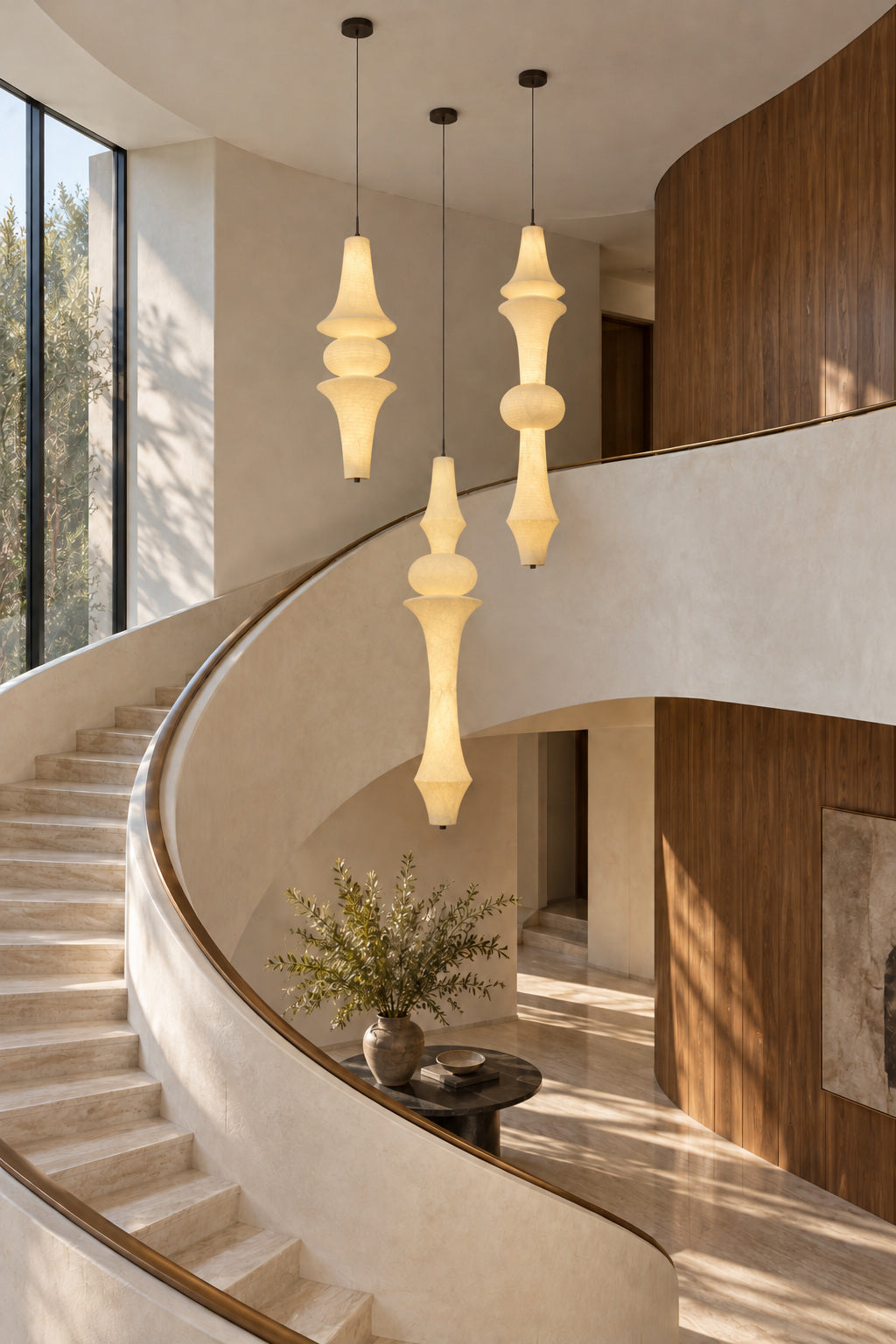 Orlithane mulberry silk pendant designs C, D, E, lit beside a curved staircase