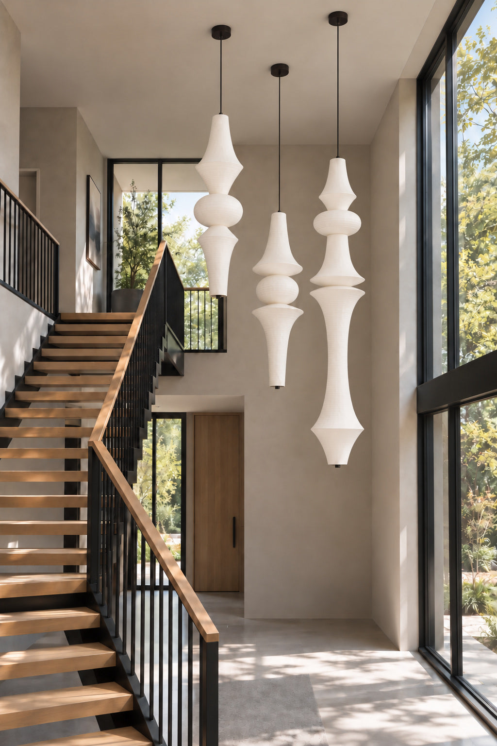 Orlithane mulberry silk pendant designs B, C, F, unlit in a modern staircase interior