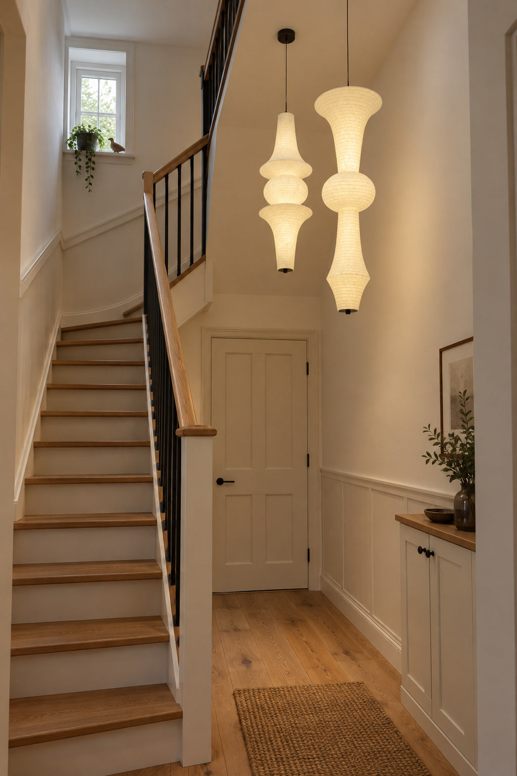 Orlithane mulberry silk pendant designs A, C, lit beside a compact residential staircase