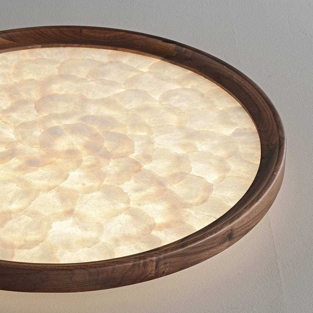 Real close-up of illuminated overlapping shell tiles and the rounded walnut edge