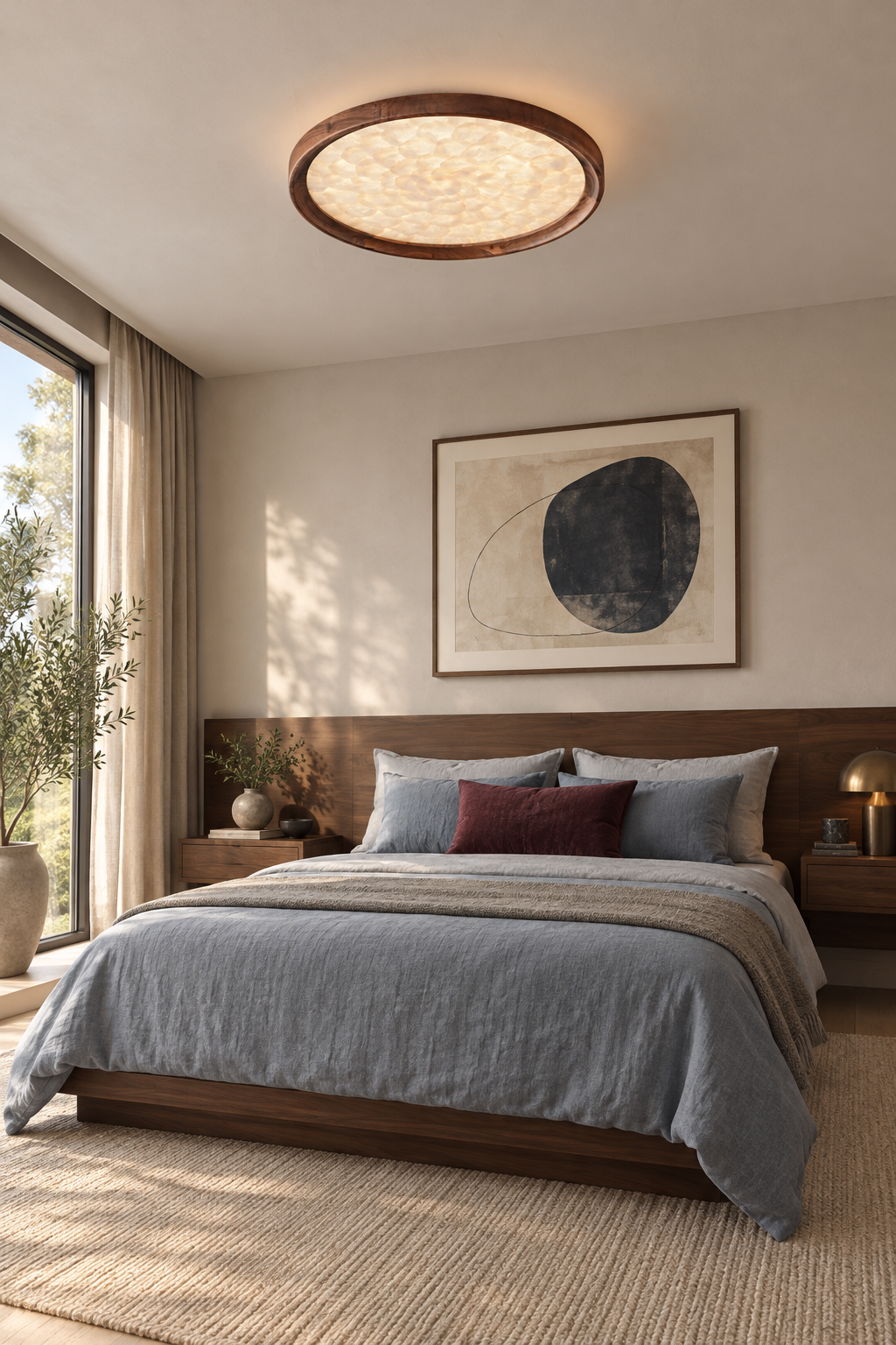 Illuminated Orvennel ceiling light in a modern bedroom with blue-gray linen and walnut furniture