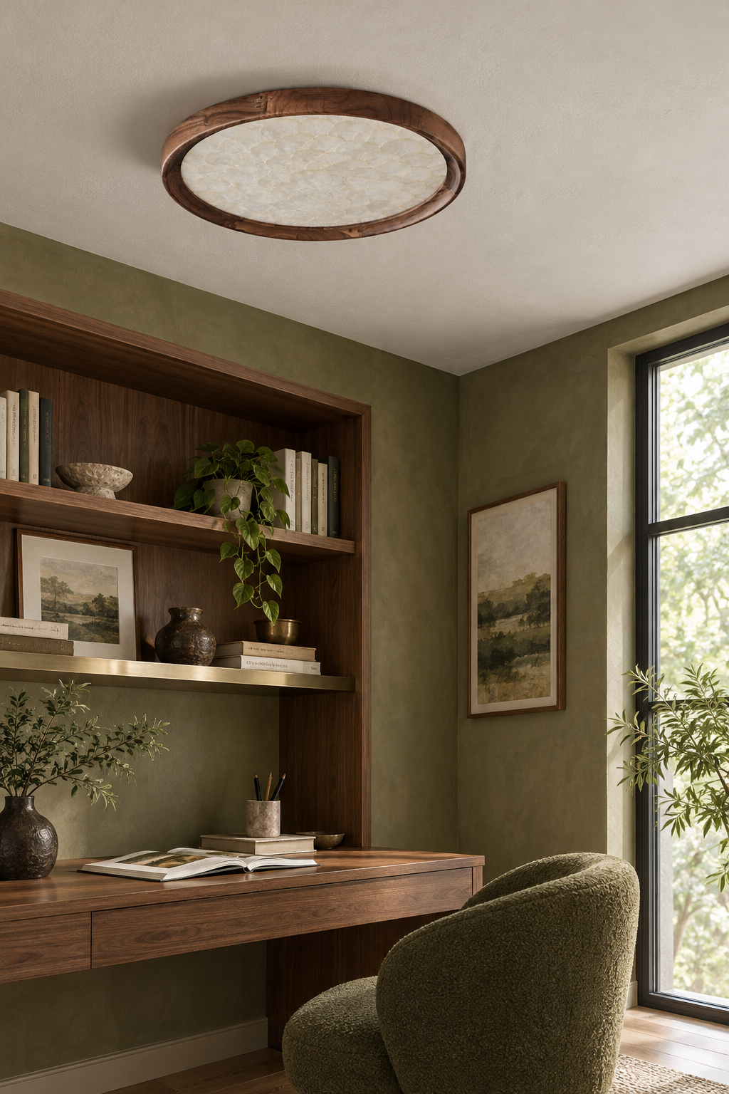 Unlit Orvennel ceiling light in an olive green study with a walnut desk