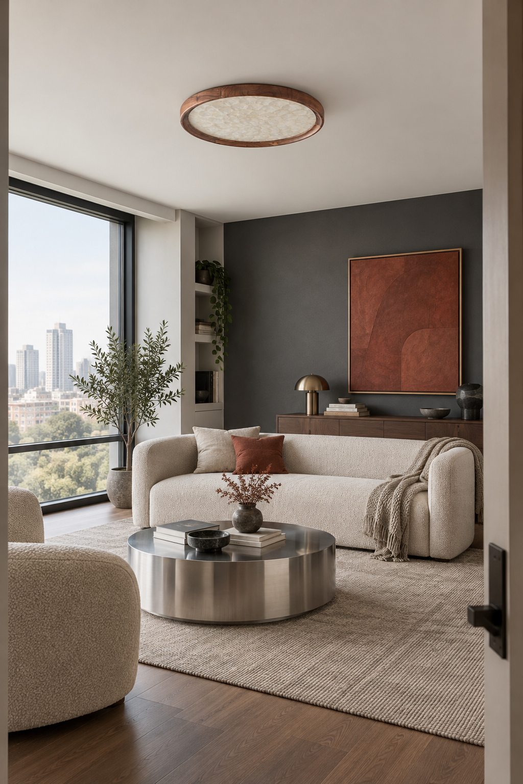 Unlit Orvennel ceiling light in a charcoal urban living room with a stainless steel coffee table
