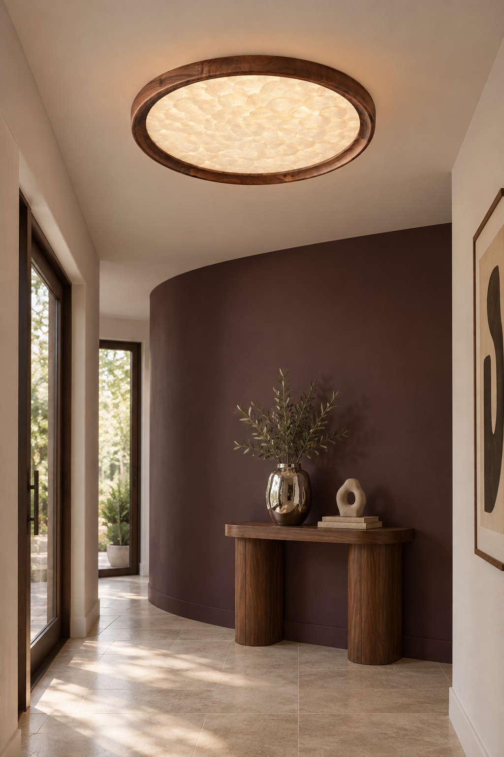 Illuminated Orvennel ceiling light in a plum-toned entry hall with a walnut console