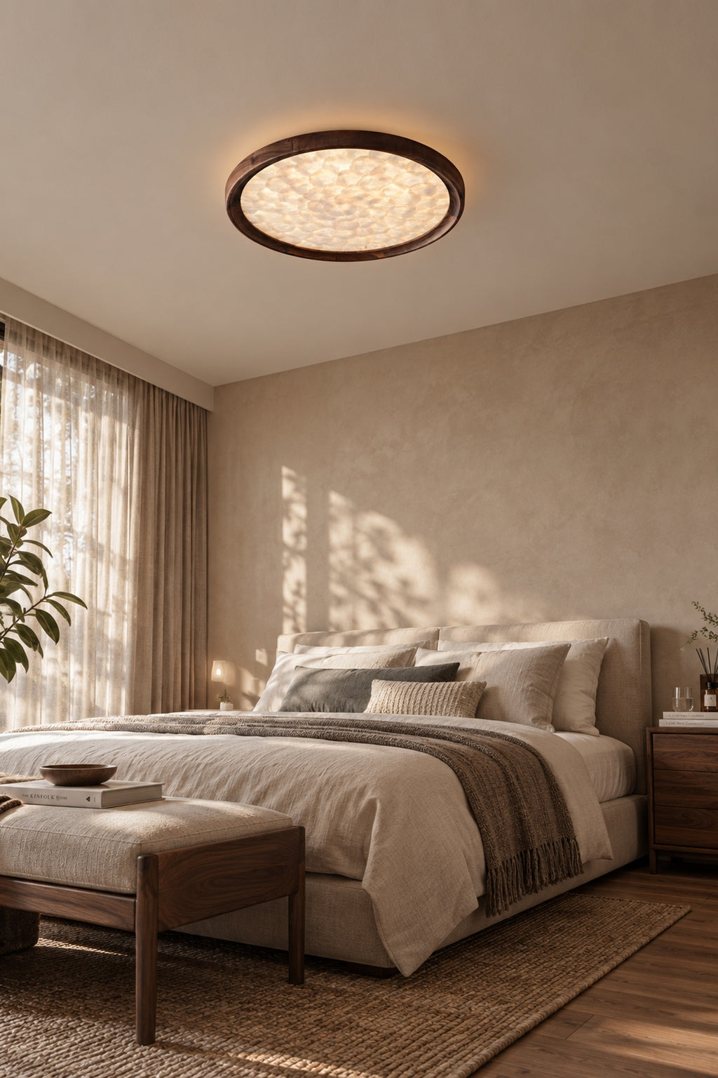 Walnut and shell ceiling light above a bed with walnut cabinetry and daylight curtains