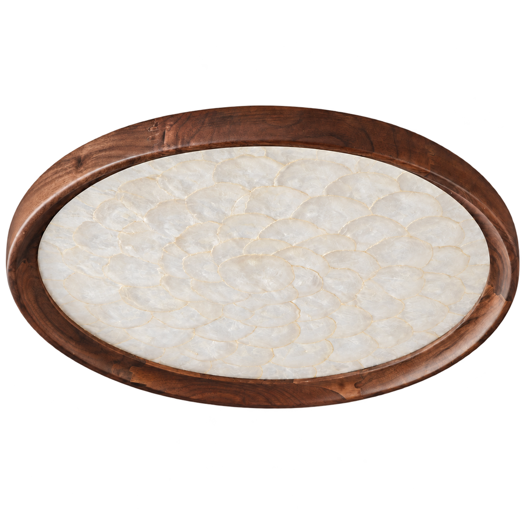 Complete Orvennel walnut and shell ceiling light switched off on a clean white background