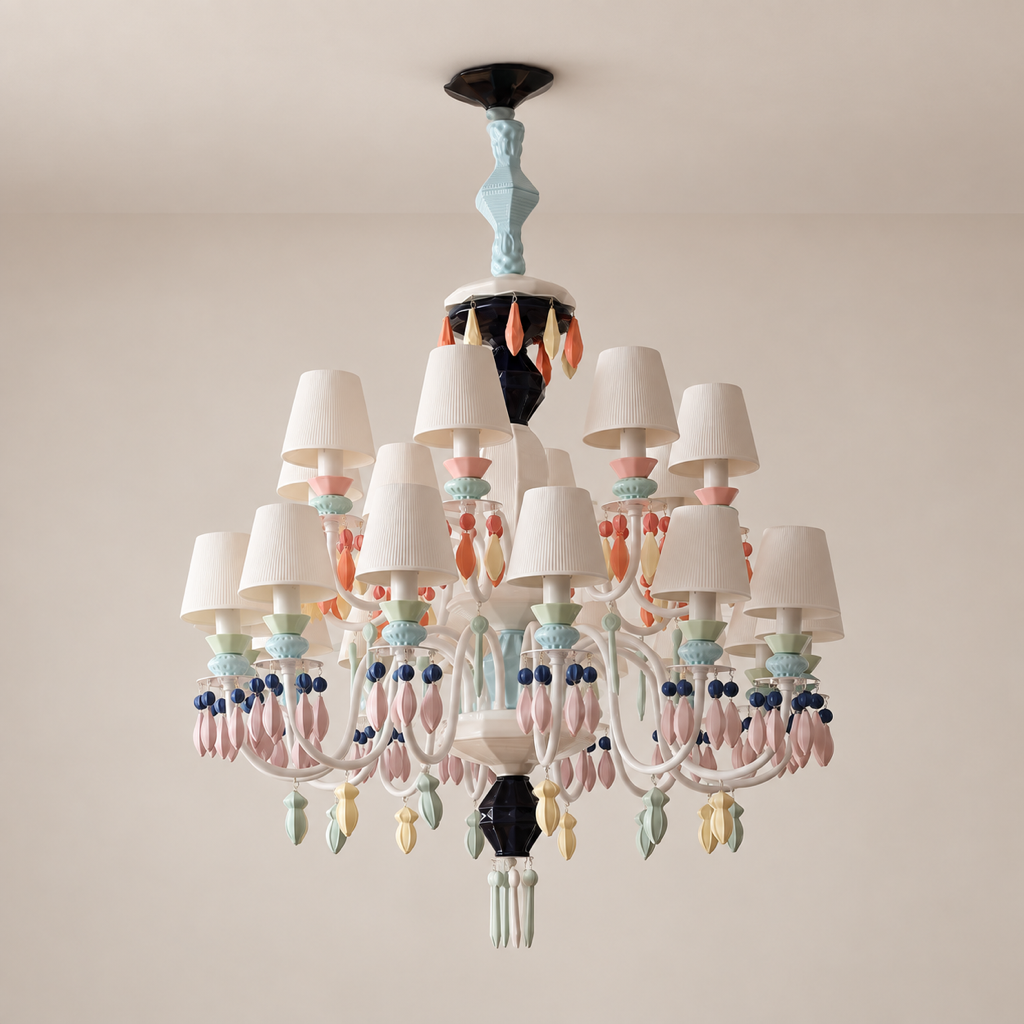 Pastel Ceramic Double-Tier Chandelier — 22-light double-tier hero on a light warm beige background