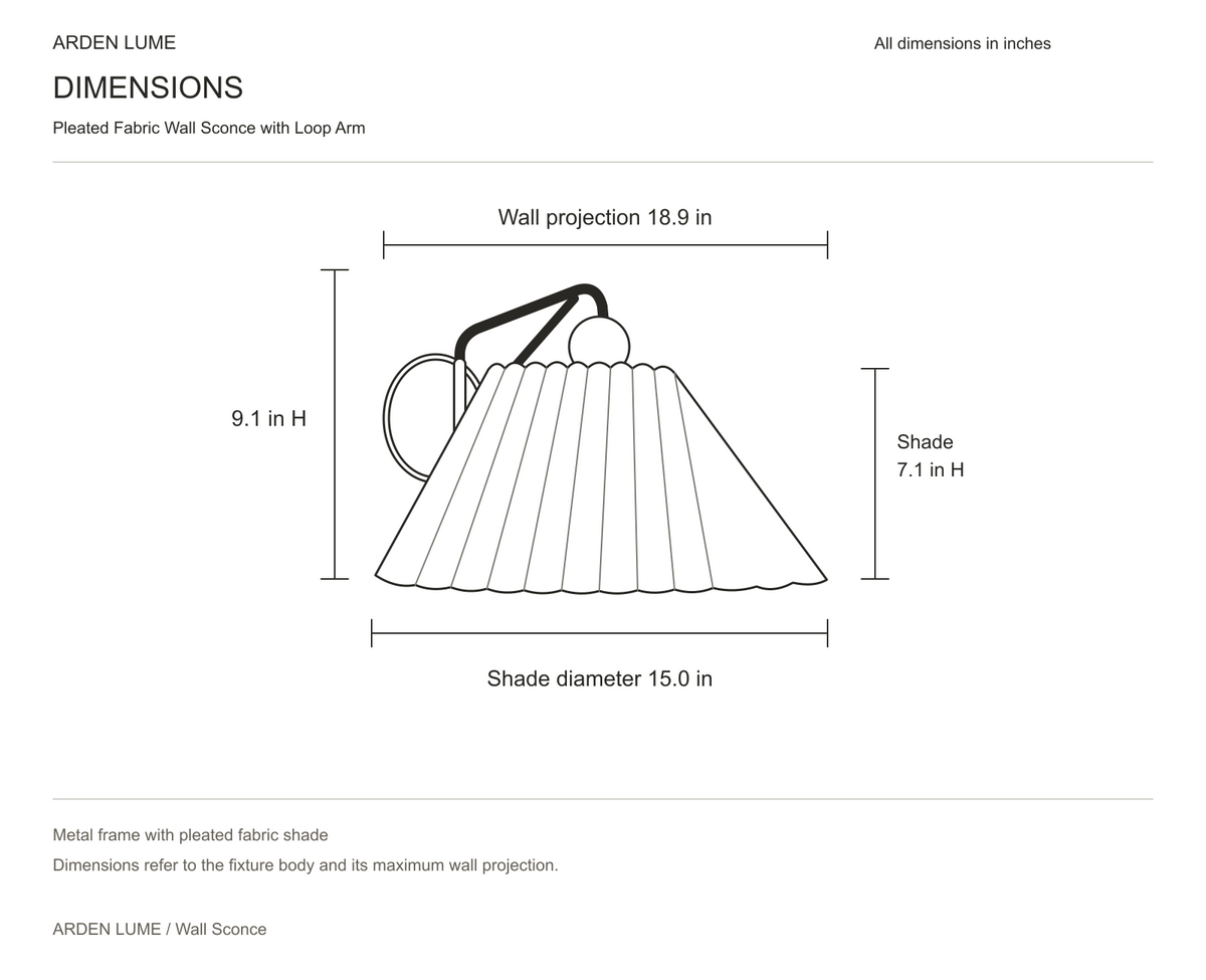 Pleated fabric wall sconce dimensions in inches: shade diameter 15.0, shade height 7.1, overall height 9.1, wall projection 18.9